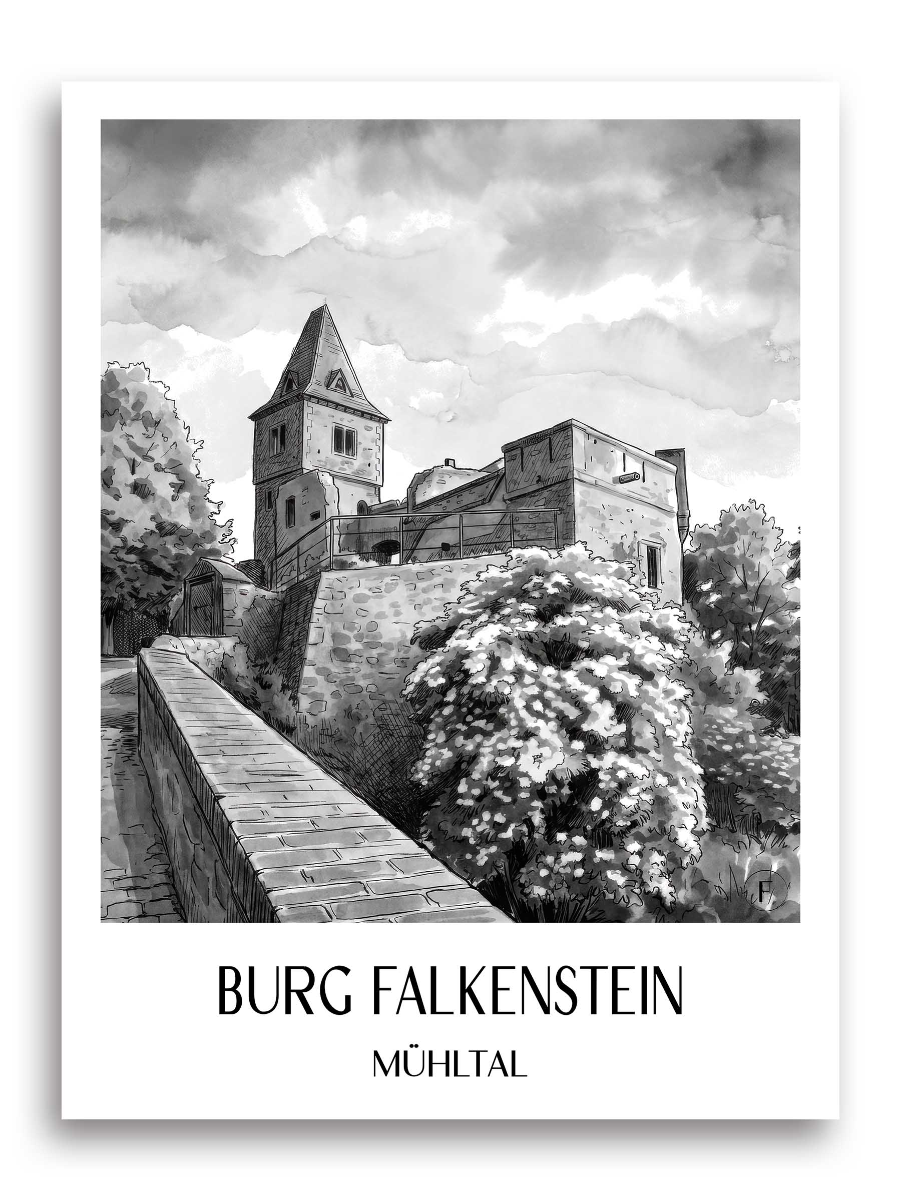 burg-falkenstein-mühltal-deutschland-poster-aquarell-schwarz-weiss