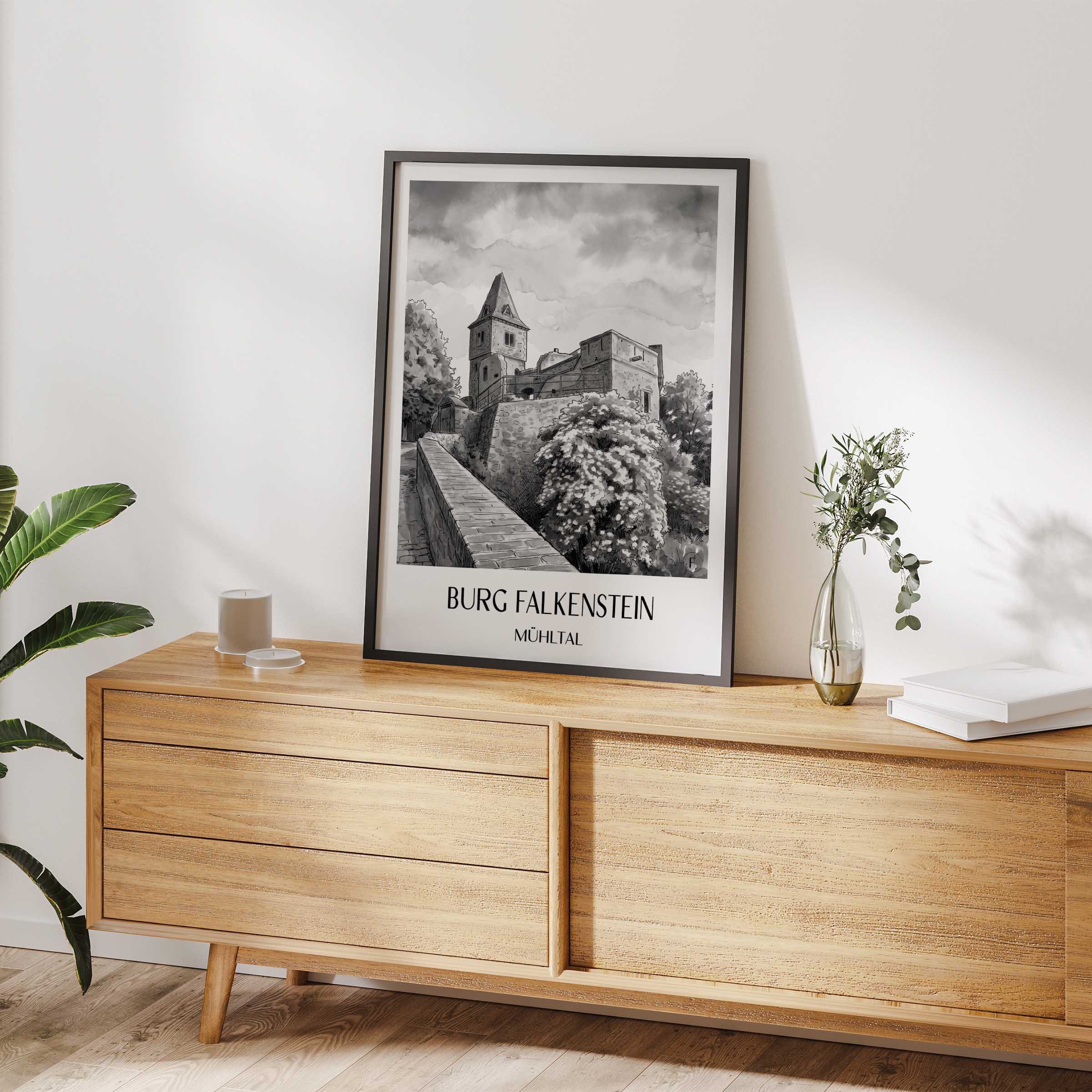 burg-falkenstein-mühltal-deutschland-poster-aquarell-schwarz-weiss