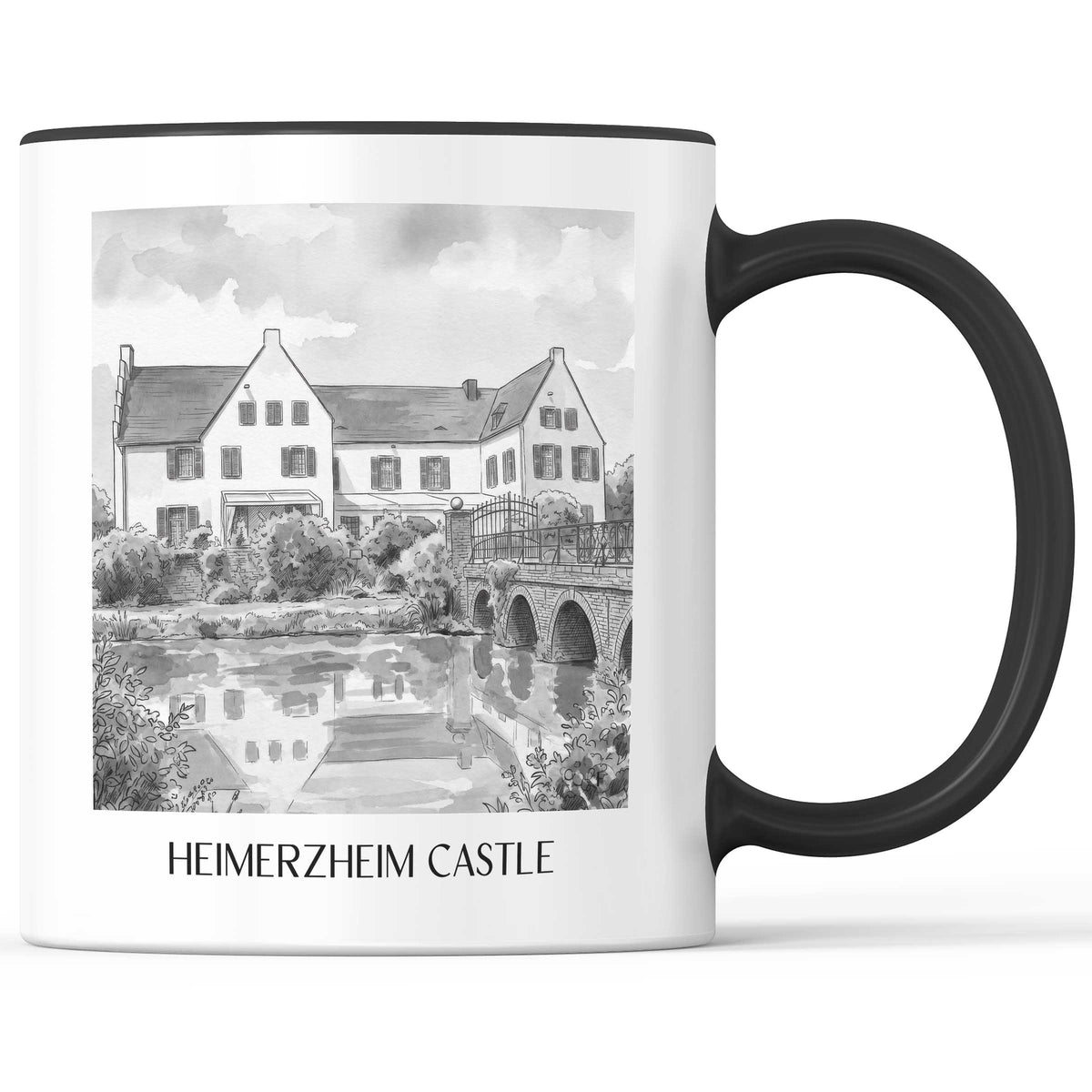 Burg Heimerzheim Kaffeebecher - Rheinland - Deutschland Becher - Kaffeetasse im Aquarell Schwarz-Weiß Stil - favplace