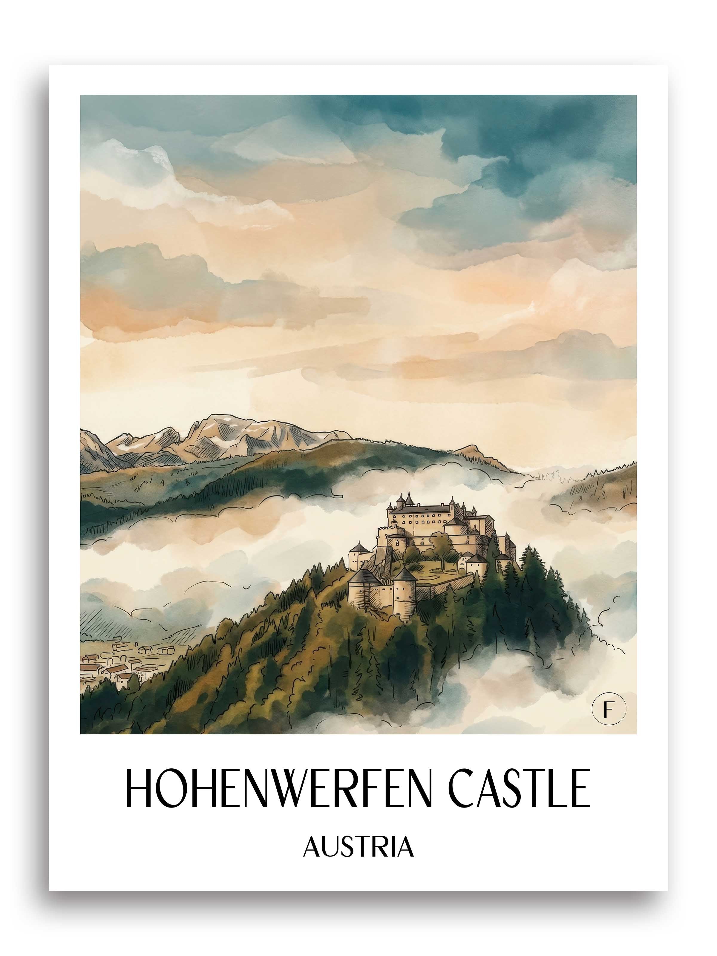 Burg Hohenwerfen Poster - Österreich - Österreich und Österreich Kunstdruck - Aquarell von A4 bis A1 - favplace