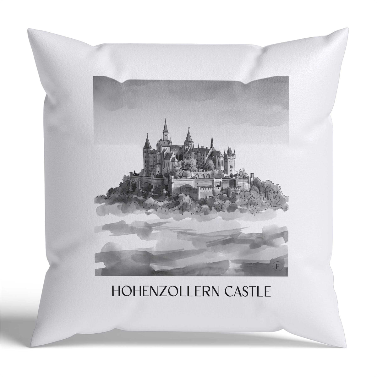 Burg Hohenzollern Kissenhülle - Zierkissen Bezug - Schwäbische Alb - Deutschland Kissen bzw. Kissenbezug im Aquarell Schwarz-Weiß Stil - favplace