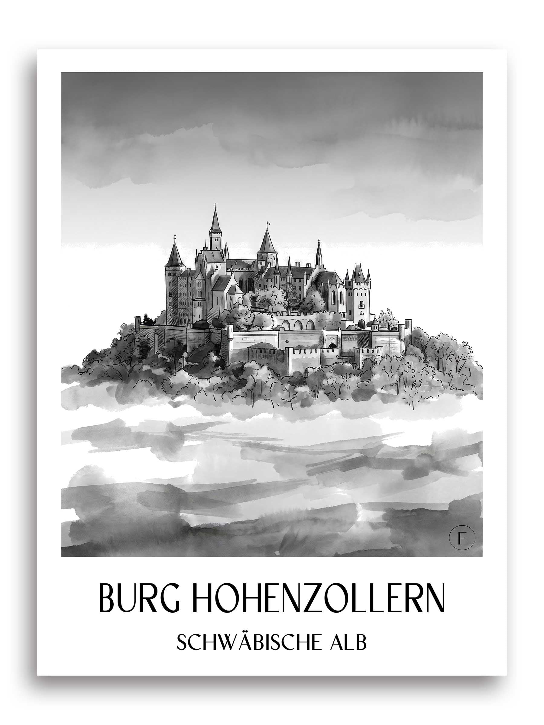 burg-hohenzollern-schwäbische-alb-deutschland-poster-aquarell-schwarz-weiss