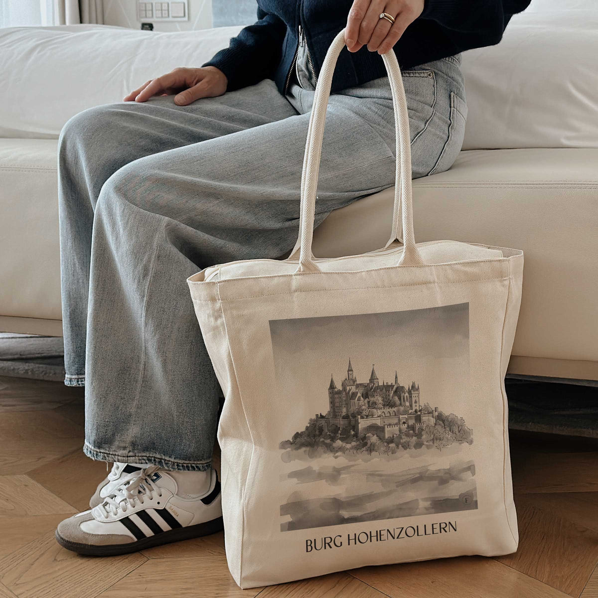 burg-hohenzollern-schwäbische-alb-deutschland-einkaufstasche-aquarell-schwarz-weiss