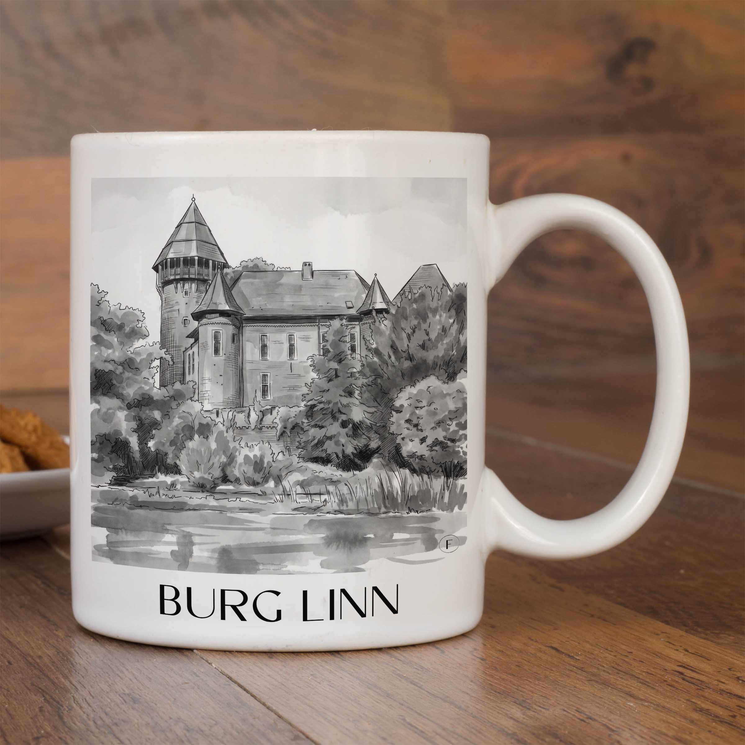 burg-linn-krefeld-deutschland-kaffeebecher-aquarell-schwarz-weiss