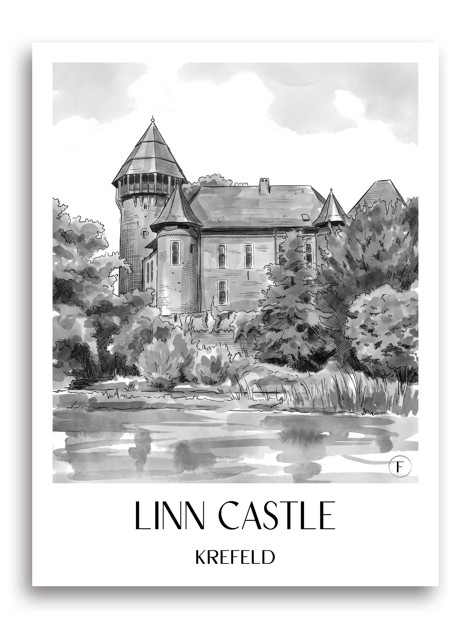 Burg Linn Poster - Krefeld - Deutschland Kunstdruck - Aquarell Schwarz-Weiß von A4 bis A1 - favplace