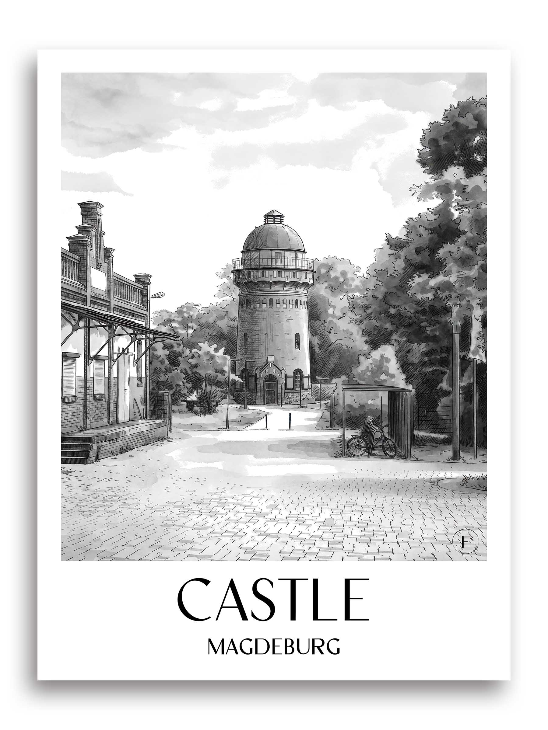 Burg Poster - Magdeburg - Deutschland Kunstdruck - Aquarell Schwarz-Weiß von A4 bis A1 - favplace