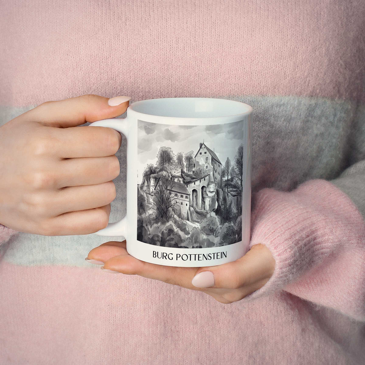 burg-pottenstein-deutschland-kaffeebecher-aquarell-schwarz-weiss