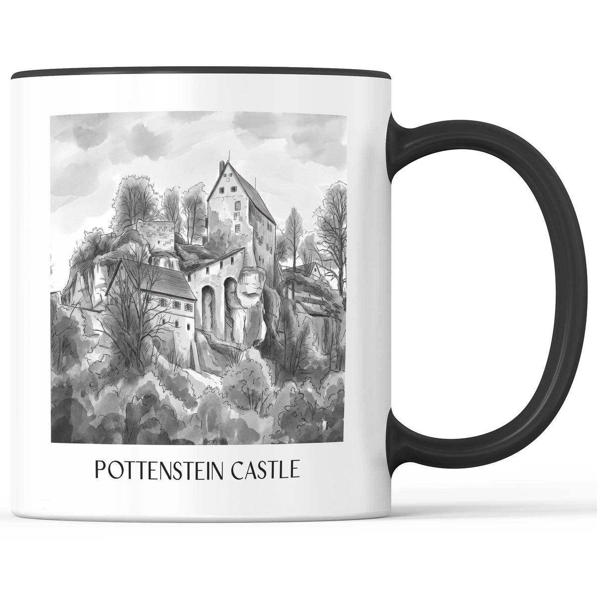Burg Pottenstein - Deutschland Becher - Kaffeetasse im Aquarell Schwarz-Weiß Stil - favplace