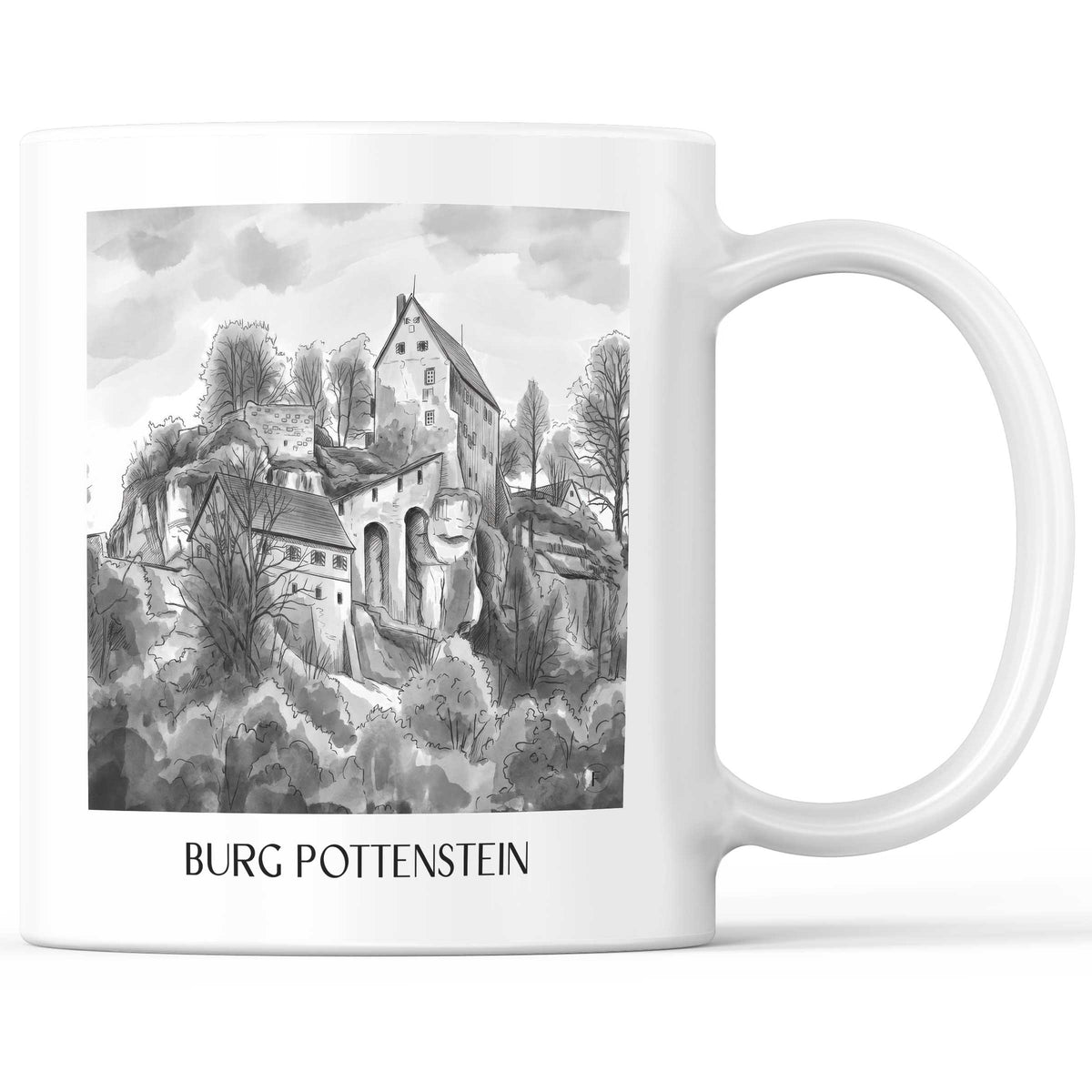 Burg Pottenstein - Deutschland Becher - Kaffeetasse im Aquarell Schwarz-Weiß Stil - favplace