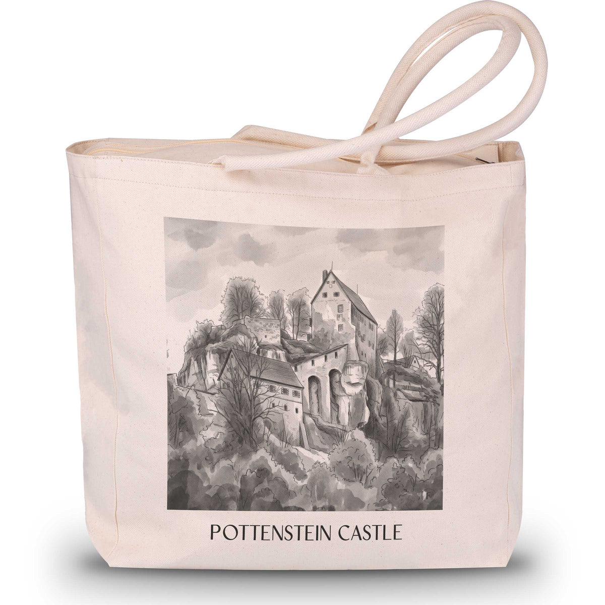 Burg Pottenstein - Deutschland Tote Bag - Einkaufstasche im Aquarell Schwarz-Weiß Stil - favplace