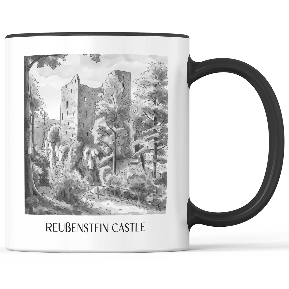 Burg Reußenstein Kaffeebecher - Schwäbische Alb - Deutschland Becher - Kaffeetasse im Aquarell Schwarz-Weiß Stil - favplace