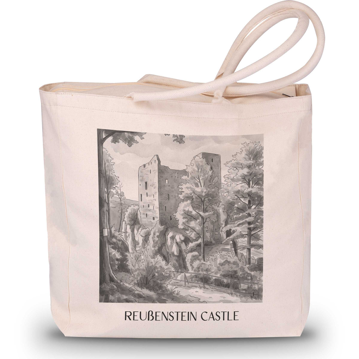 Burg Reußenstein Shopping Tasche - Schwäbische Alb - Deutschland Tote Bag - Einkaufstasche im Aquarell Schwarz-Weiß Stil - favplace