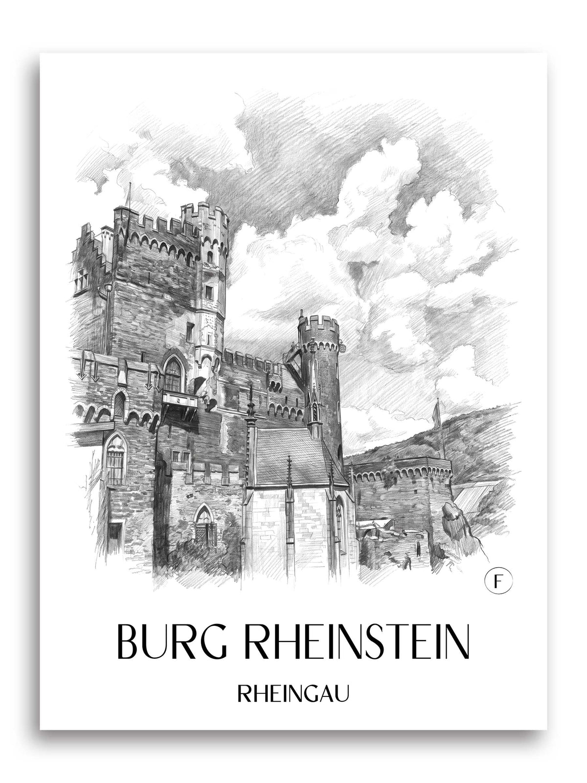 Burg Rheinstein Poster - Rheingau - Deutschland Kunstdruck - Zeichnung von A4 bis A1 - favplace