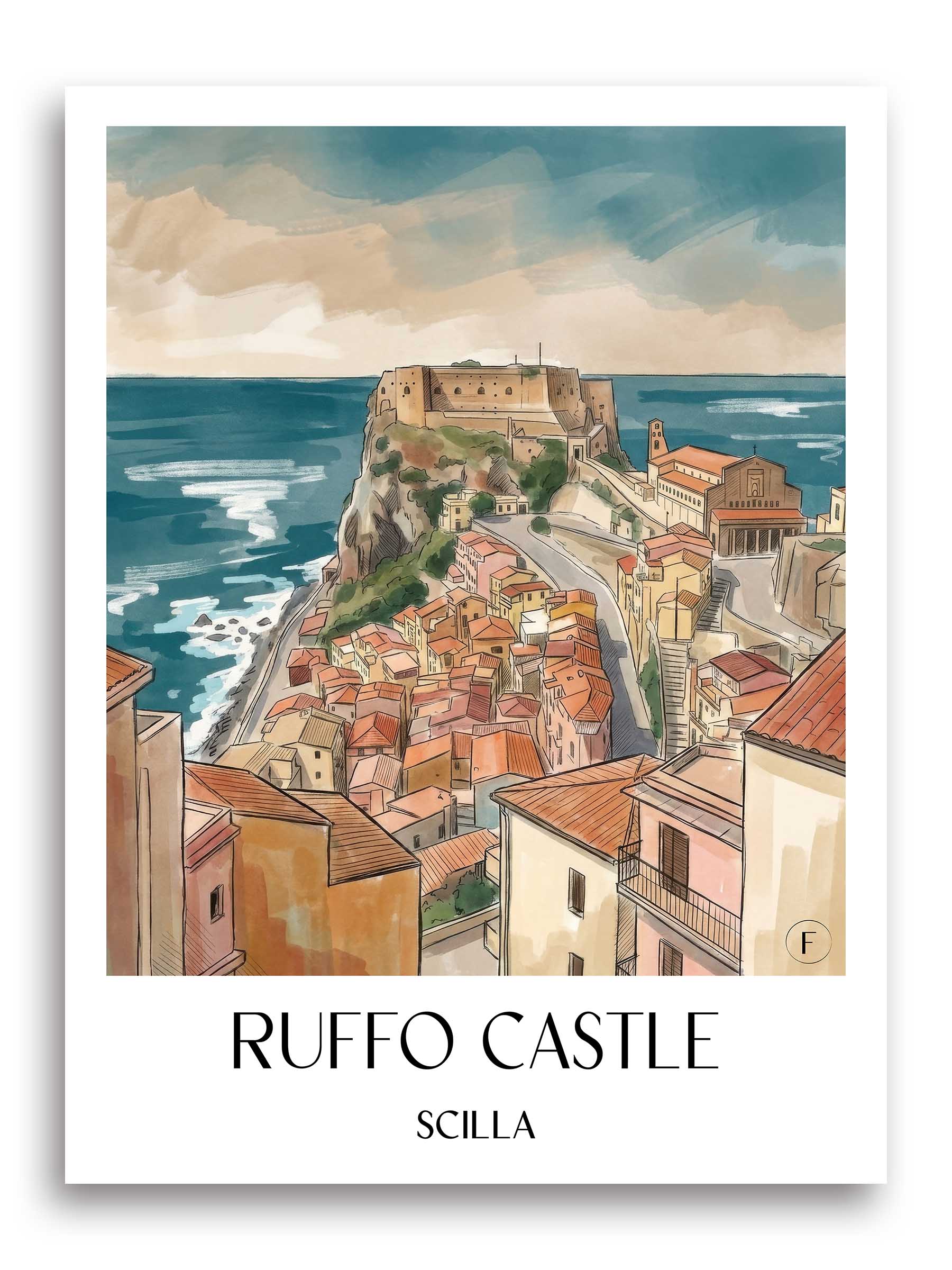 Burg Ruffo Poster - Scilla - Italien Kunstdruck - Aquarell von A4 bis A1 - favplace