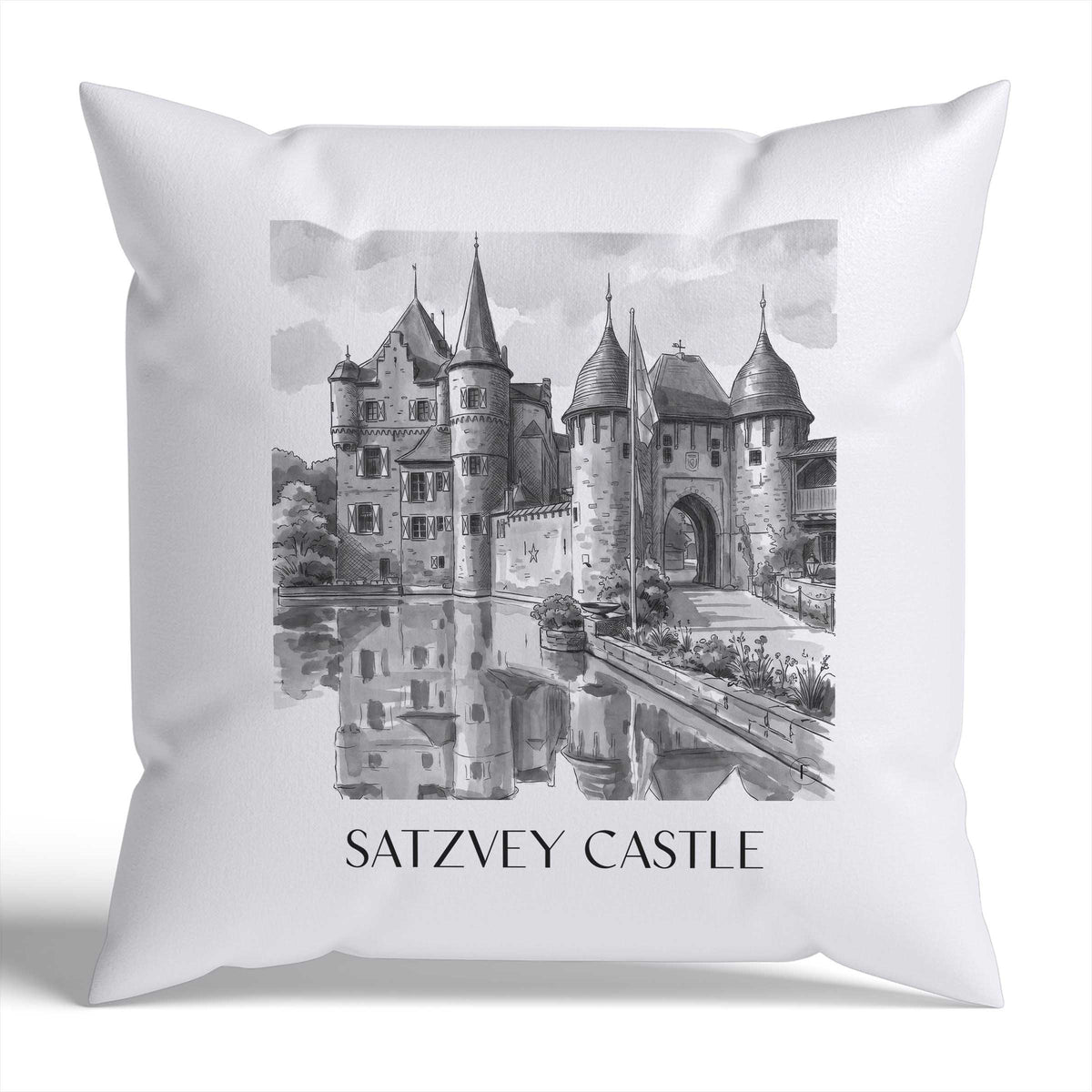 Burg Satzvey Kissenhülle - Zierkissen Bezug - Eifel - Deutschland Kissen bzw. Kissenbezug im Aquarell Schwarz-Weiß Stil - favplace