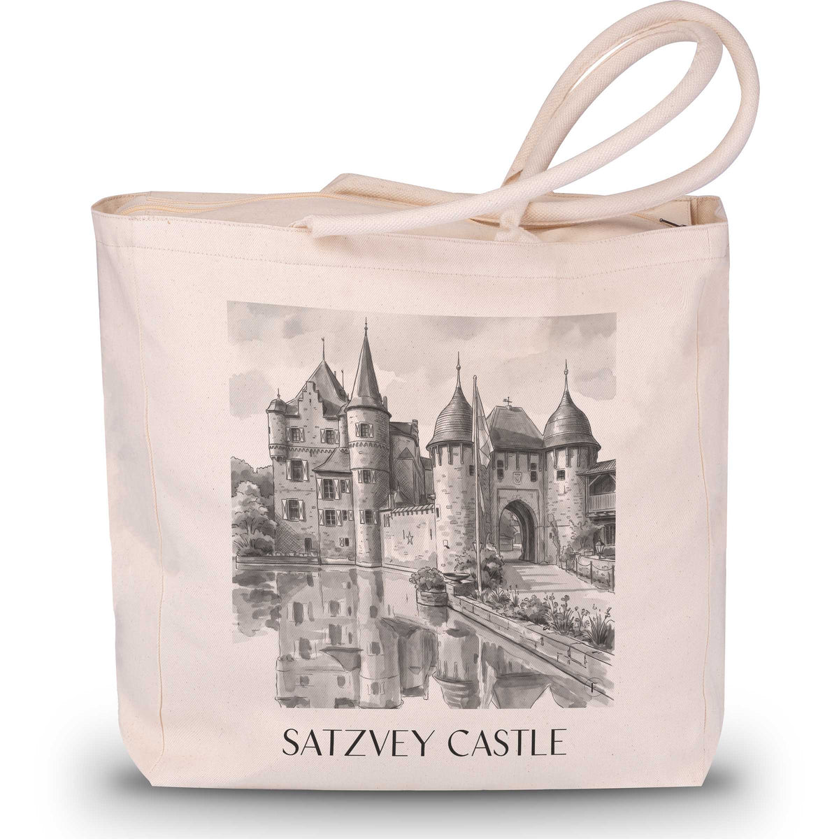 Burg Satzvey Shopping Tasche - Eifel - Deutschland Tote Bag - Einkaufstasche im Aquarell Schwarz-Weiß Stil - favplace