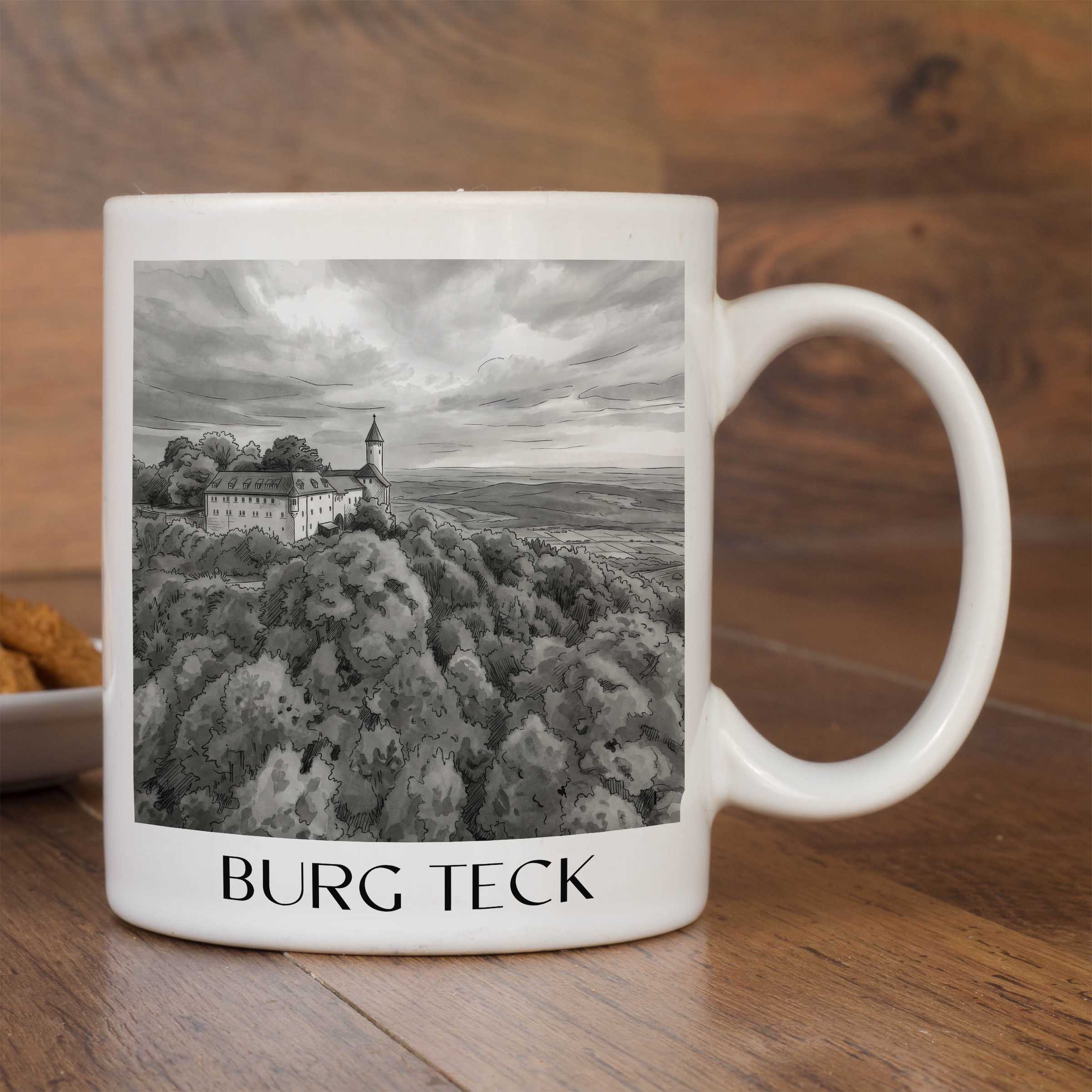 burg-teck-schwäbische-alb-deutschland-kaffeebecher-aquarell-schwarz-weiss