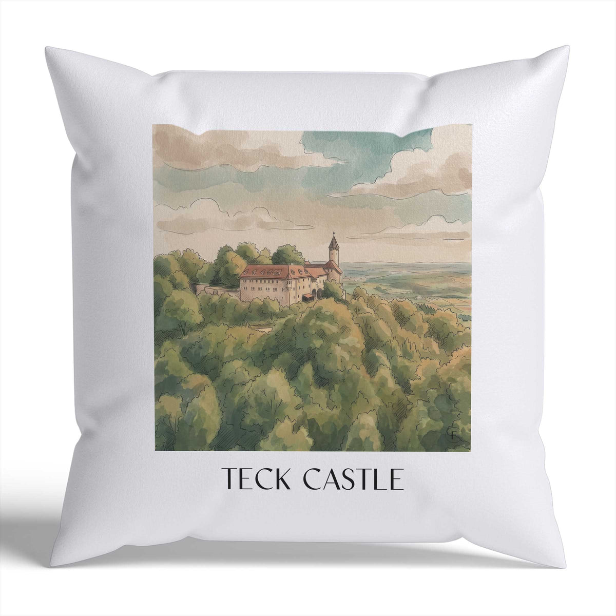 Burg Teck Kissenhülle - Zierkissen Bezug - Schwäbische Alb - Deutschland Kissen bzw. Kissenbezug im Aquarell Stil - favplace