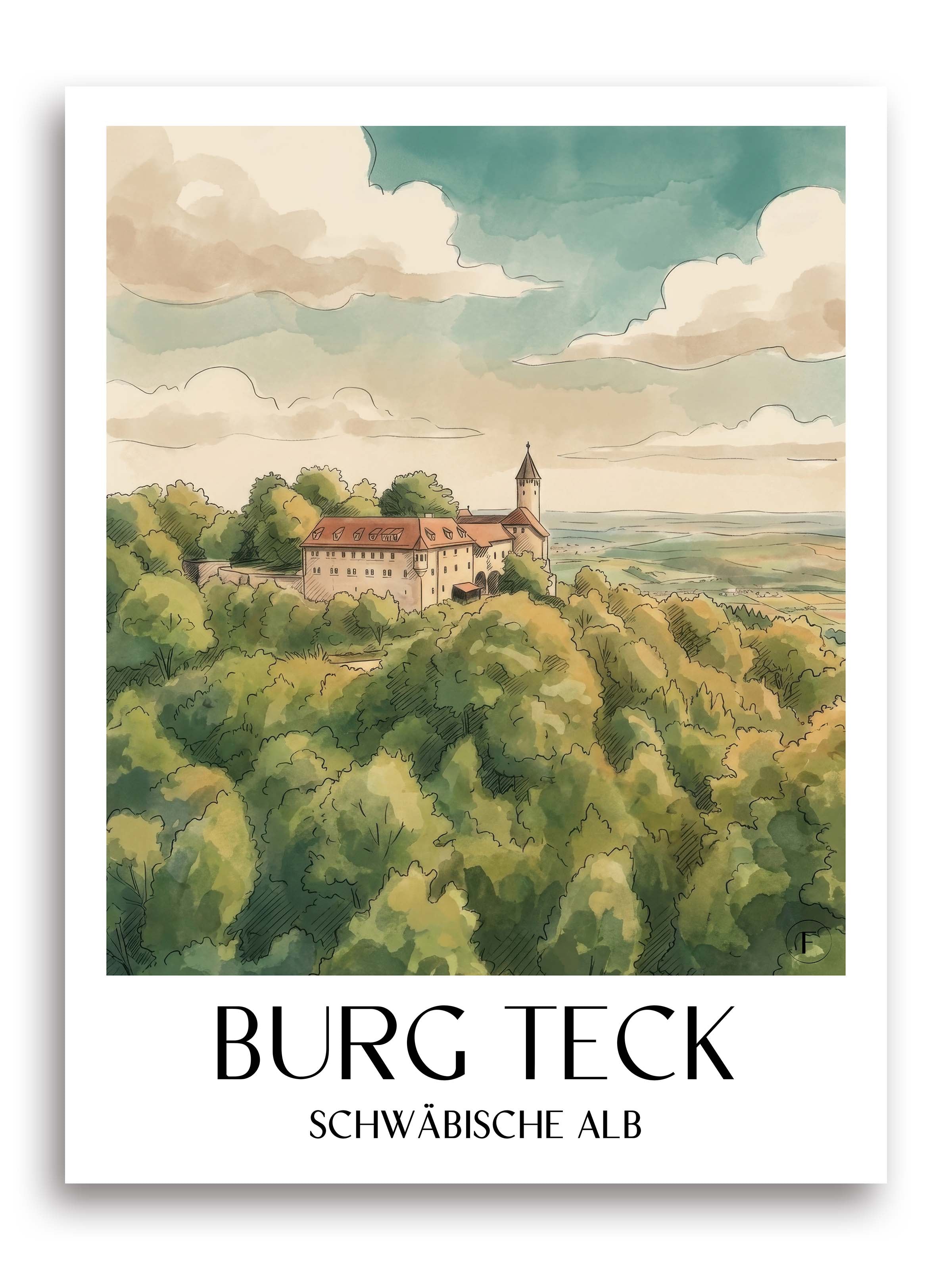 burg-teck-schwäbische-alb-deutschland-poster-aquarell