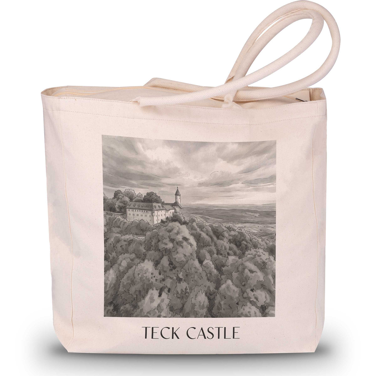 Burg Teck Shopping Tasche - Schwäbische Alb - Deutschland Tote Bag - Einkaufstasche im Aquarell Schwarz-Weiß Stil - favplace