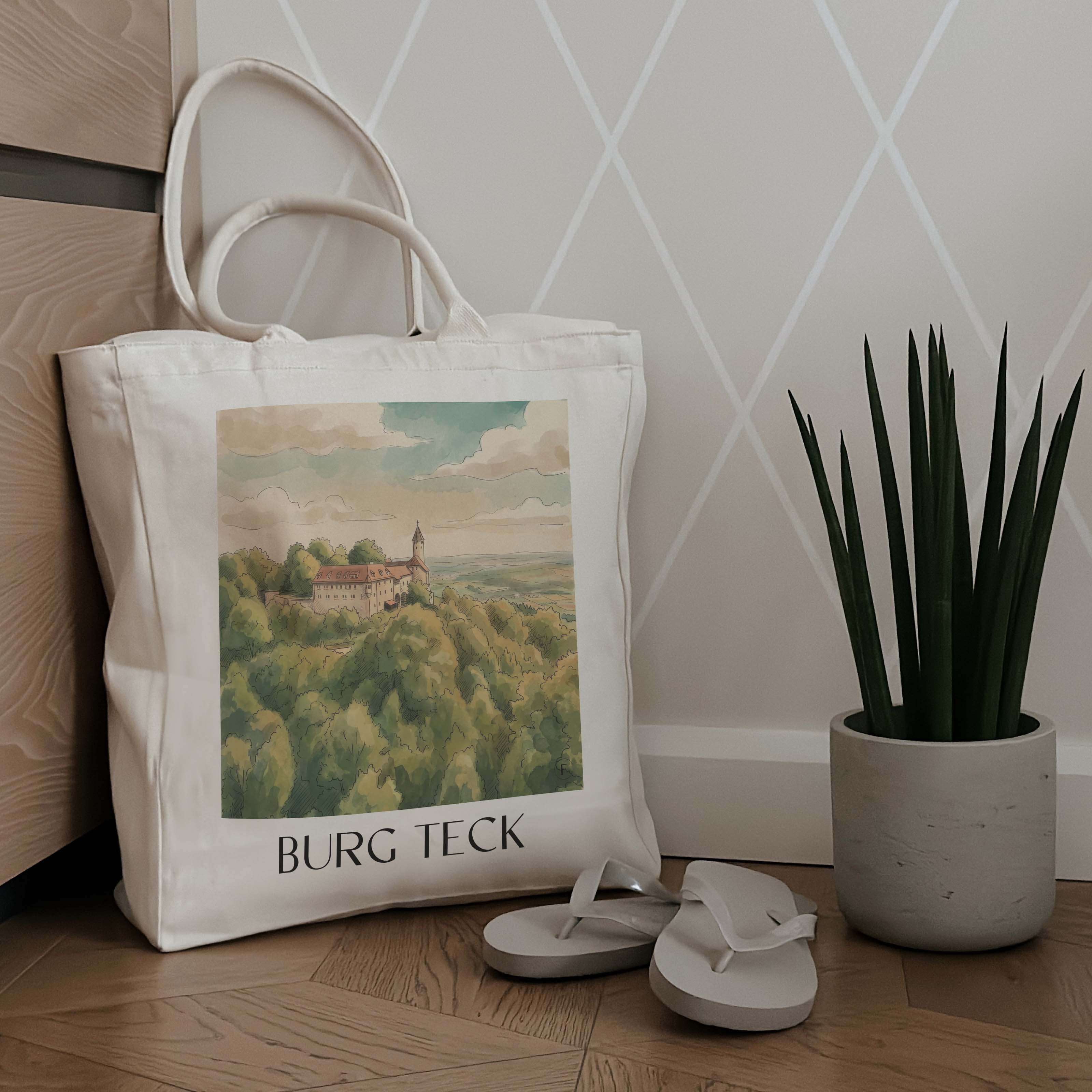 burg-teck-schwäbische-alb-deutschland-einkaufstasche-aquarell