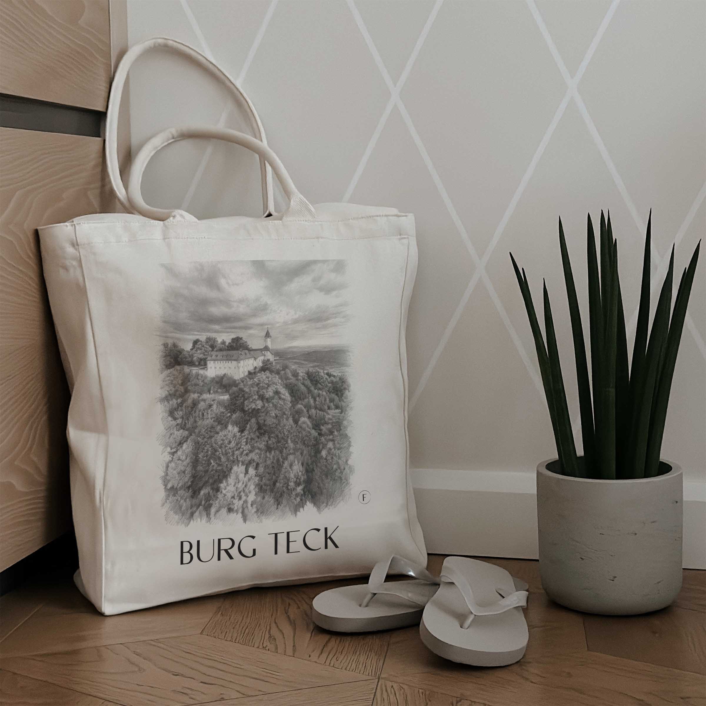 burg-teck-schwäbische-alb-deutschland-einkaufstasche-bleistift-zeichnung-drawing