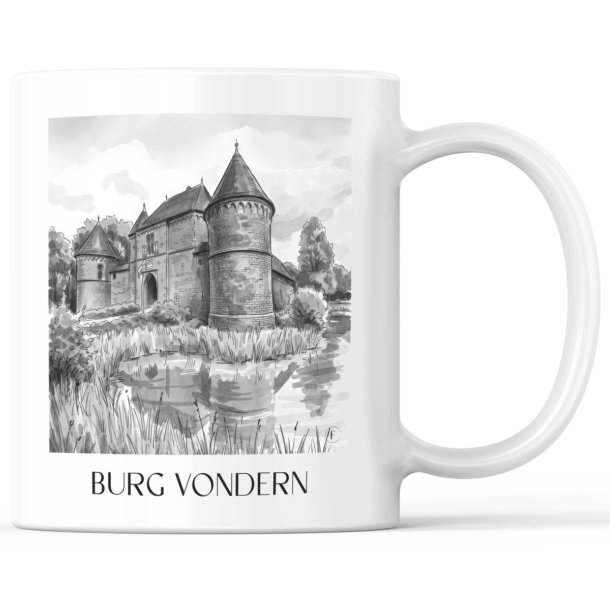 burg-vondern-oberhausen-deutschland-kaffeebecher-aquarell-schwarz-weiss
