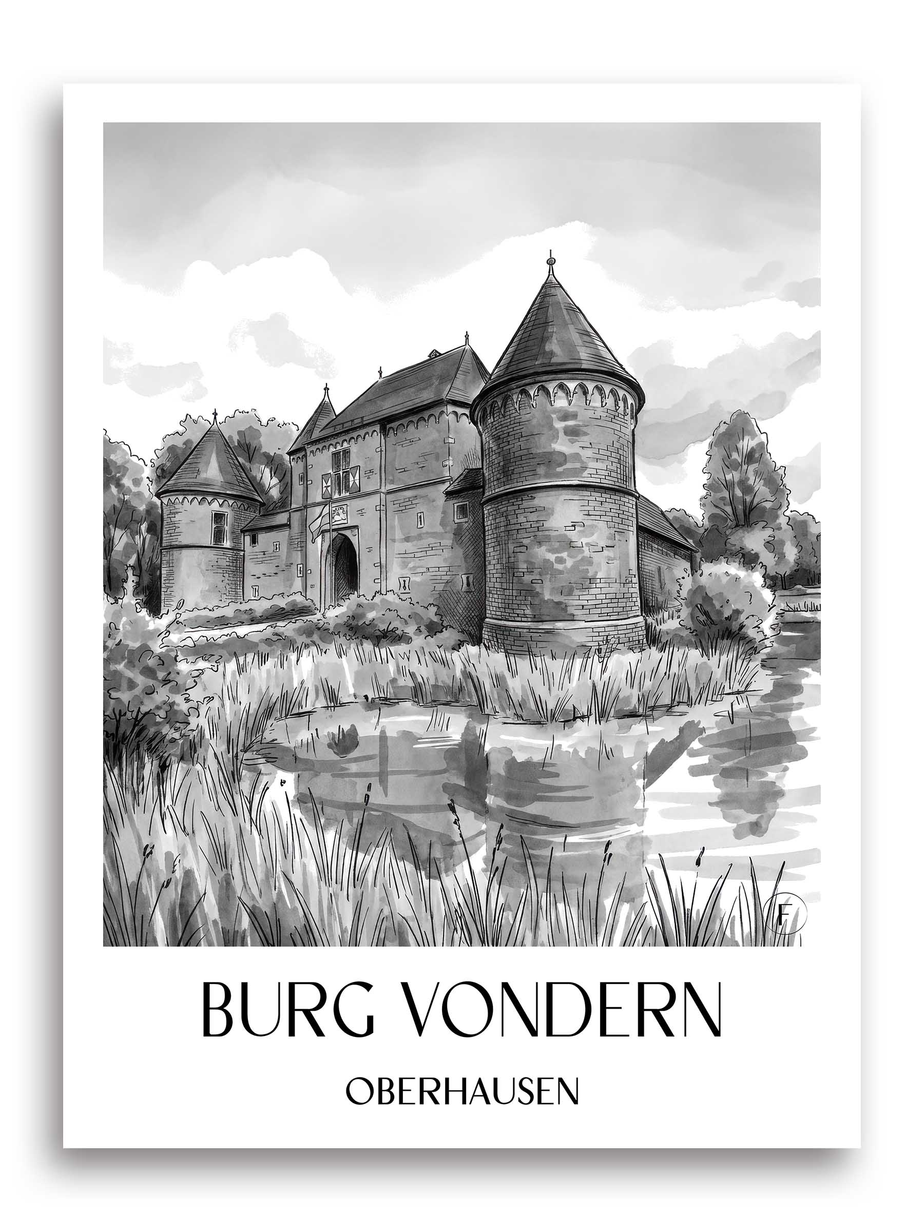 burg-vondern-oberhausen-deutschland-poster-aquarell-schwarz-weiss