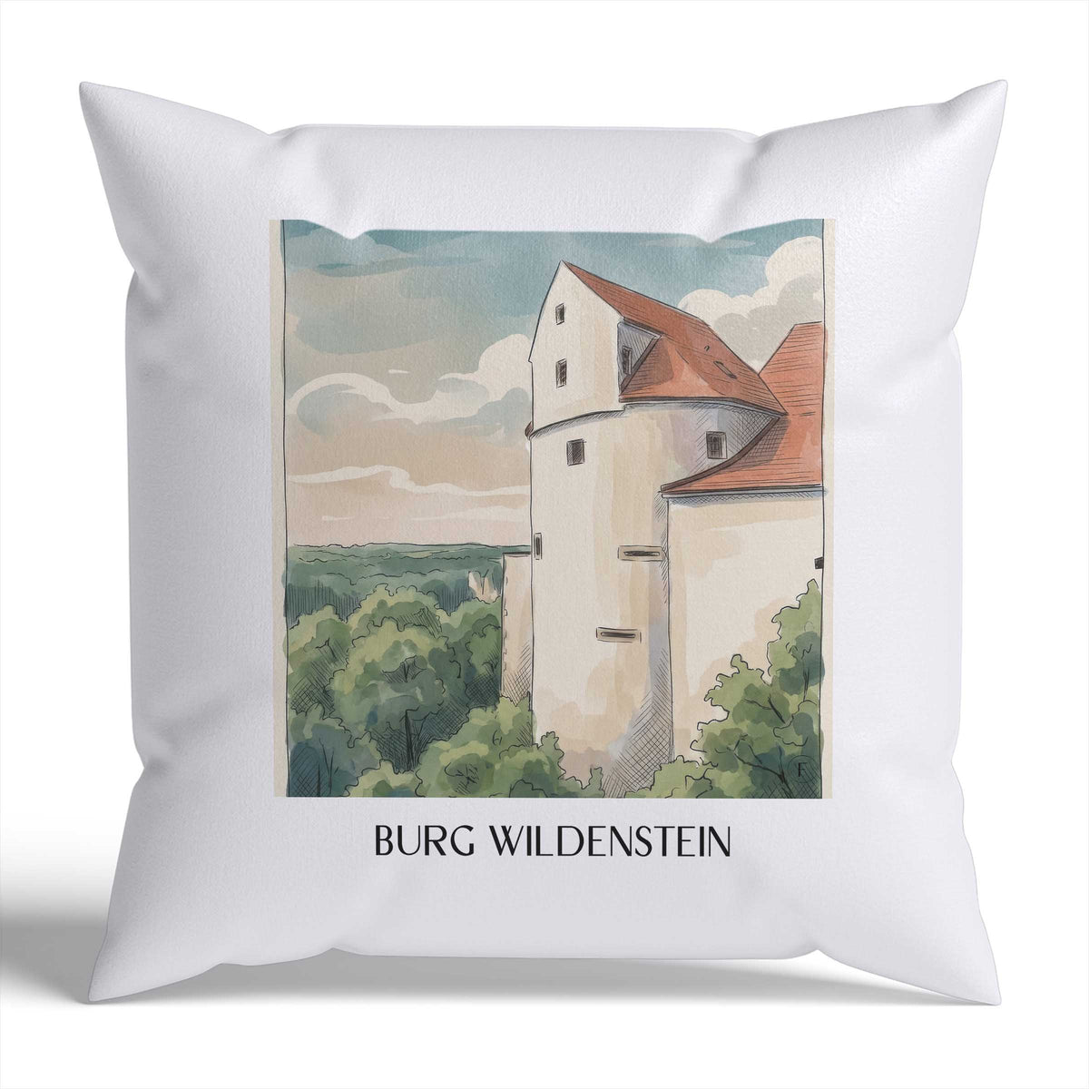 burg-wildenstein-schwäbische-alb-deutschland-kissenbezug-aquarell