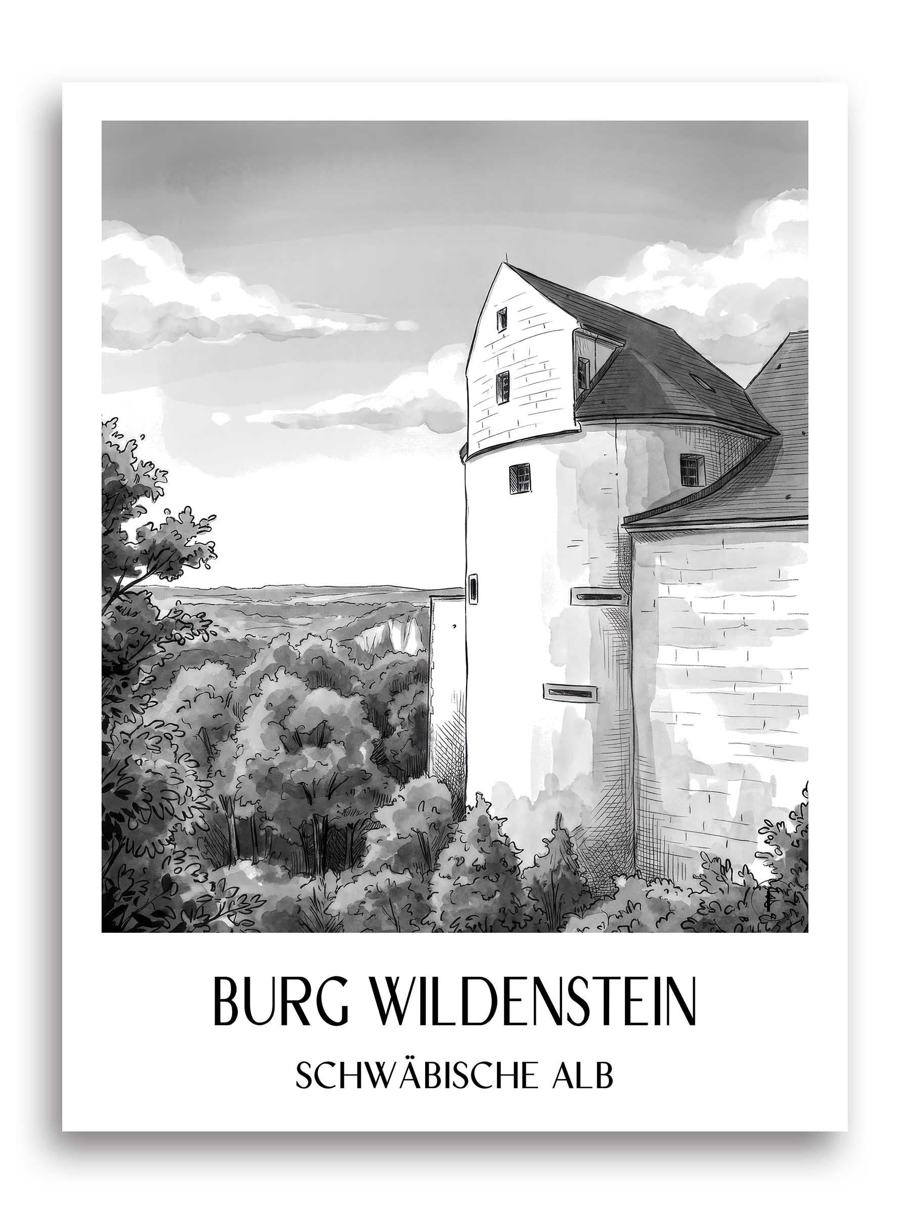 burg-wildenstein-schwäbische-alb-deutschland-poster-aquarell-schwarz-weiss