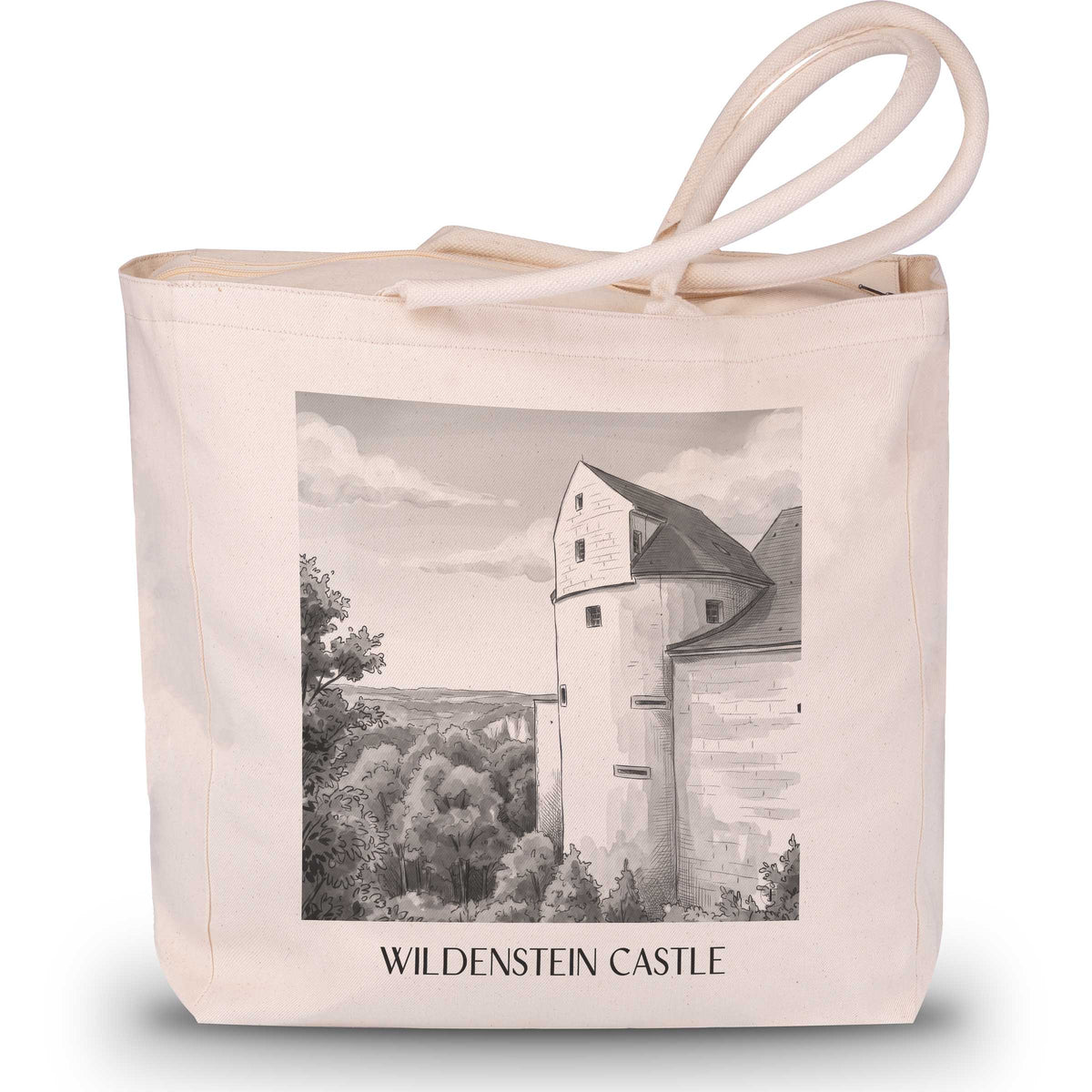 Burg Wildenstein Shopping Tasche - Schwäbische Alb - Deutschland Tote Bag - Einkaufstasche im Aquarell Schwarz-Weiß Stil - favplace