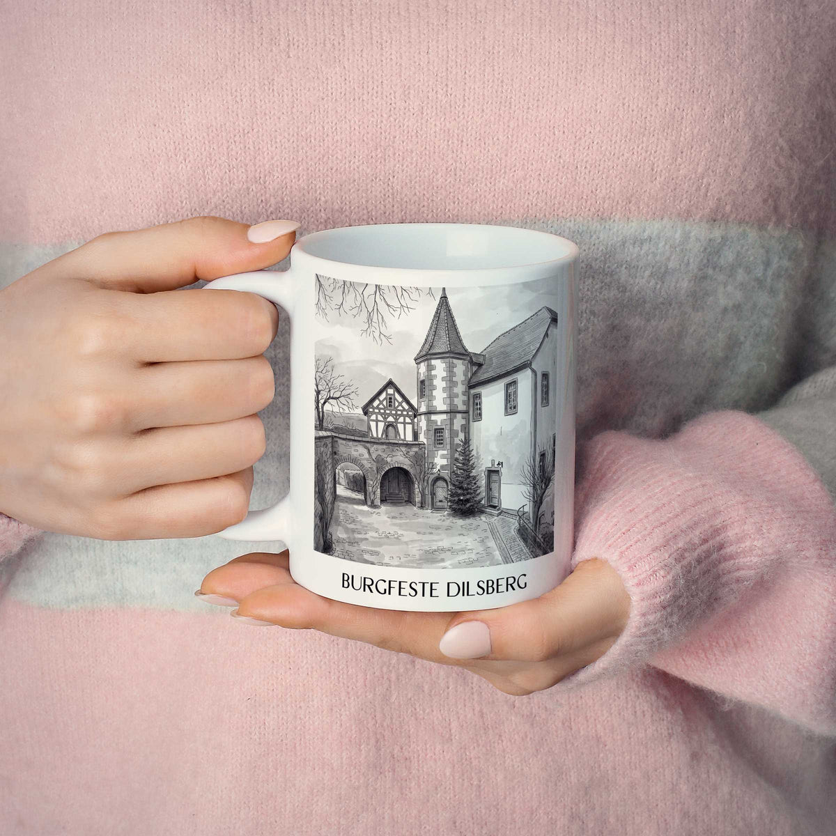 burgfeste-dilsberg-neckargmünd-deutschland-kaffeebecher-aquarell-schwarz-weiss