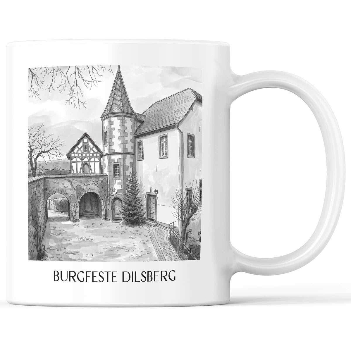burgfeste-dilsberg-neckargmünd-deutschland-kaffeebecher-aquarell-schwarz-weiss