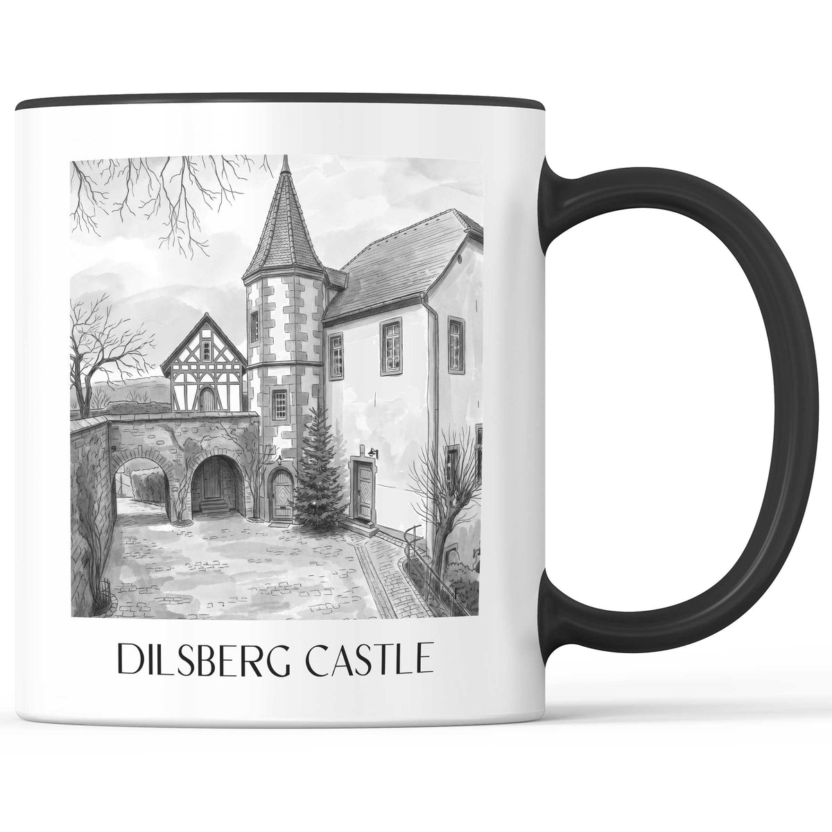 Burgfeste Dilsberg Kaffeebecher - Neckargmünd - Deutschland Becher - Kaffeetasse im Aquarell Schwarz-Weiß Stil - favplace