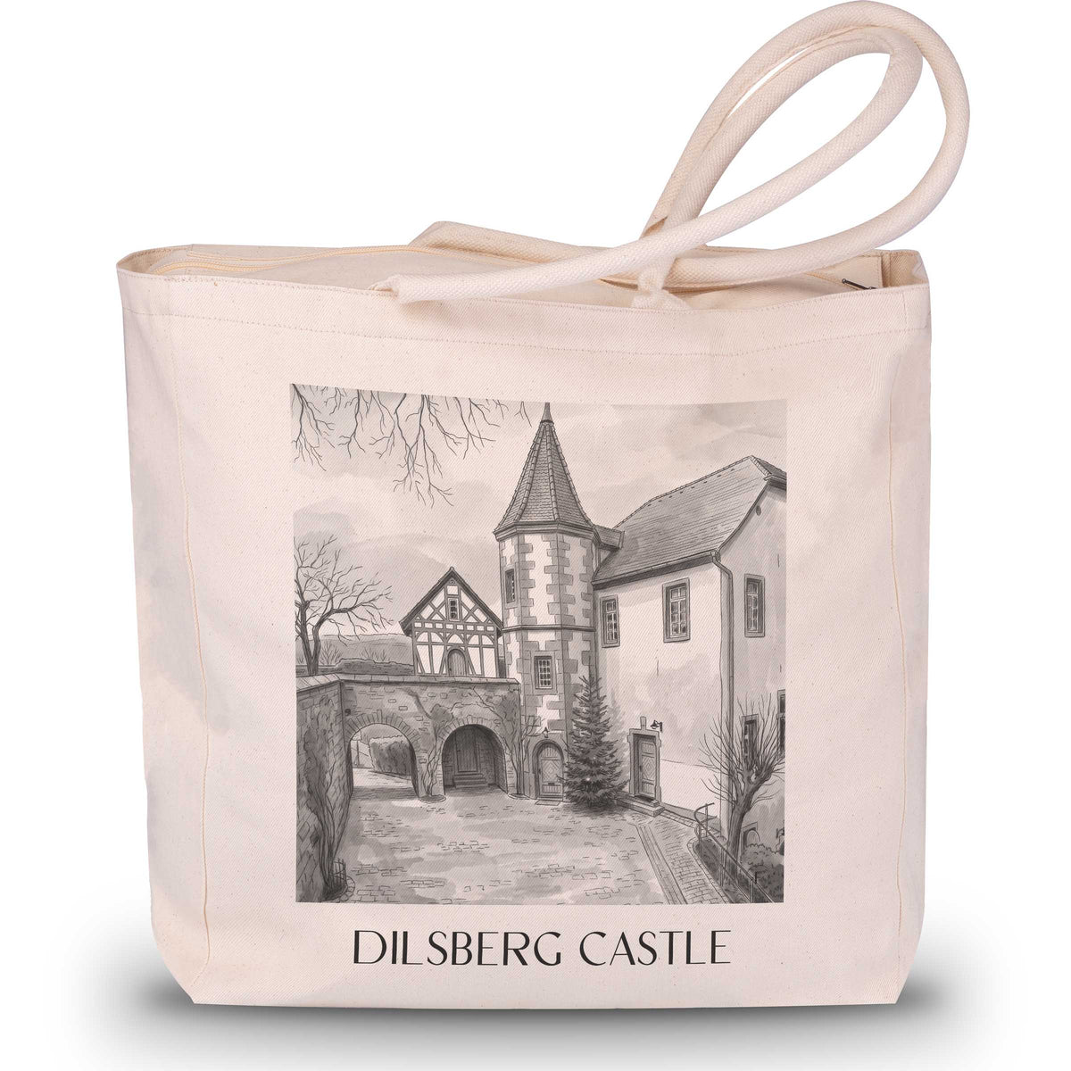 Burgfeste Dilsberg Shopping Tasche - Neckargmünd - Deutschland Tote Bag - Einkaufstasche im Aquarell Schwarz-Weiß Stil - favplace