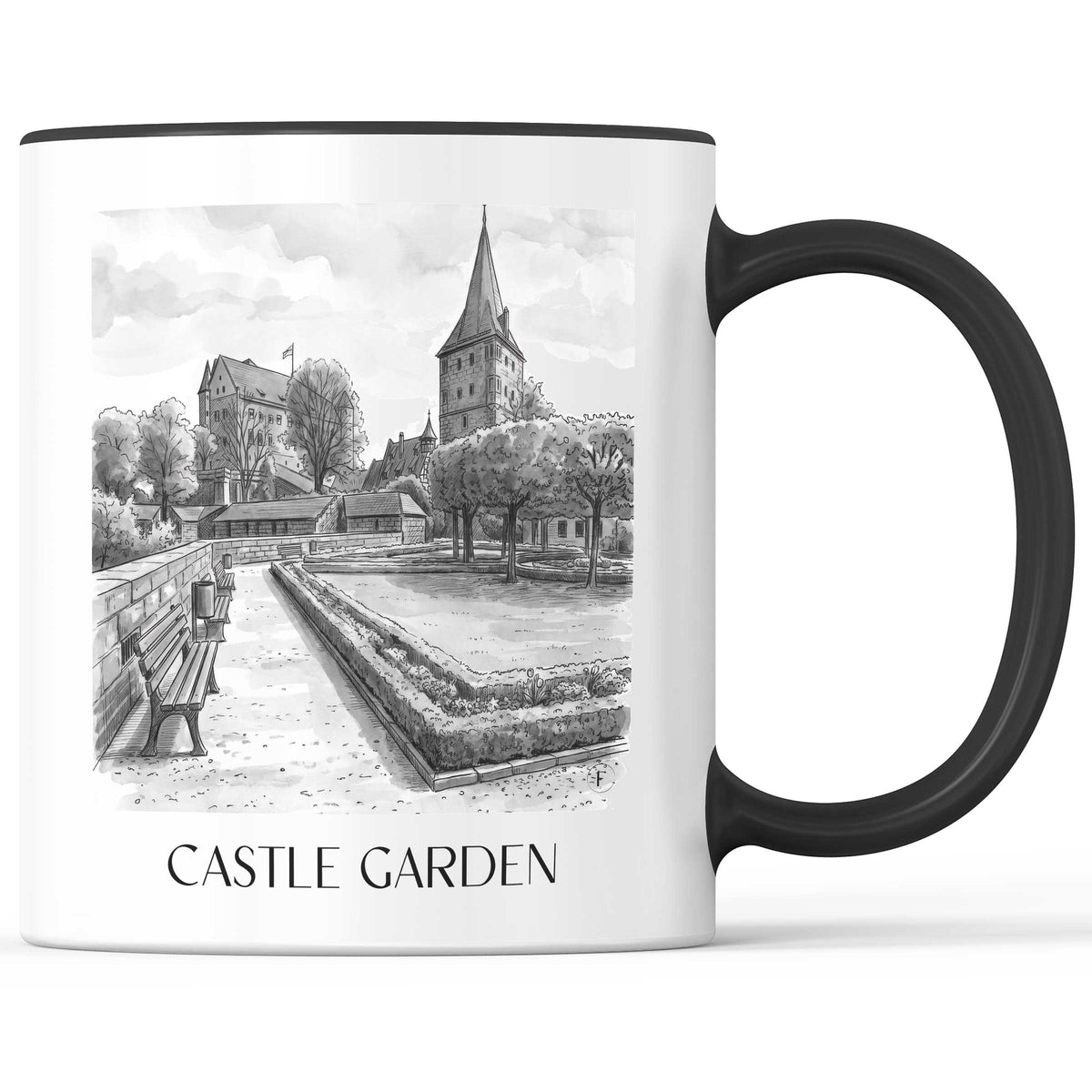 Burggarten Kaffeebecher - Nürnberg - Deutschland Becher - Kaffeetasse im Aquarell Schwarz-Weiß Stil - favplace