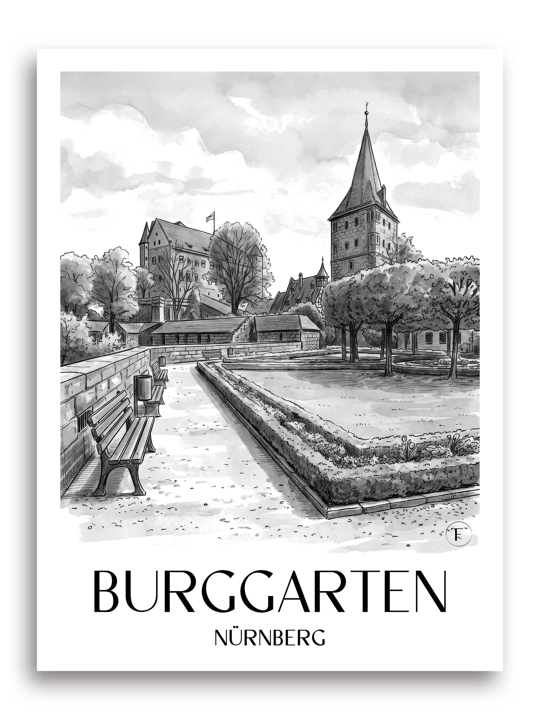 burggarten-nürnberg-deutschland-poster-aquarell-schwarz-weiss