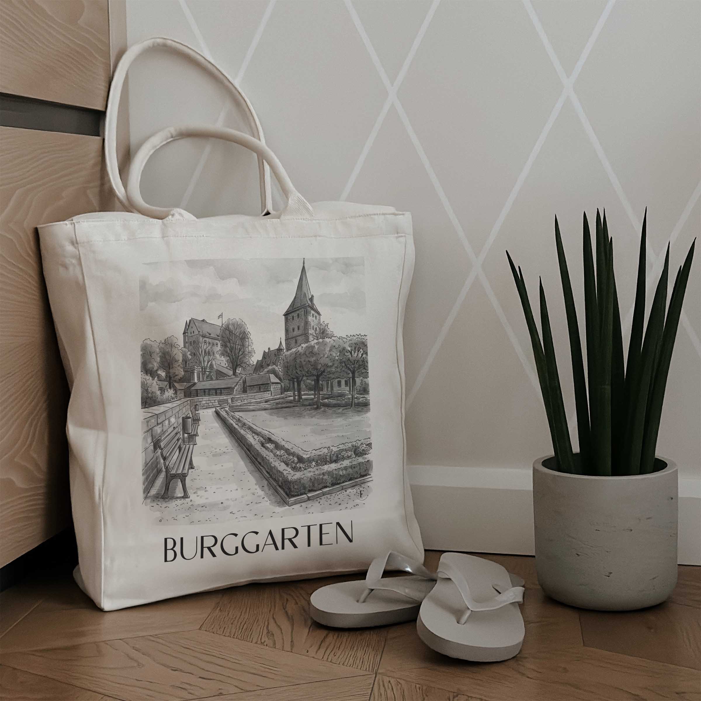 burggarten-nürnberg-deutschland-einkaufstasche-aquarell-schwarz-weiss