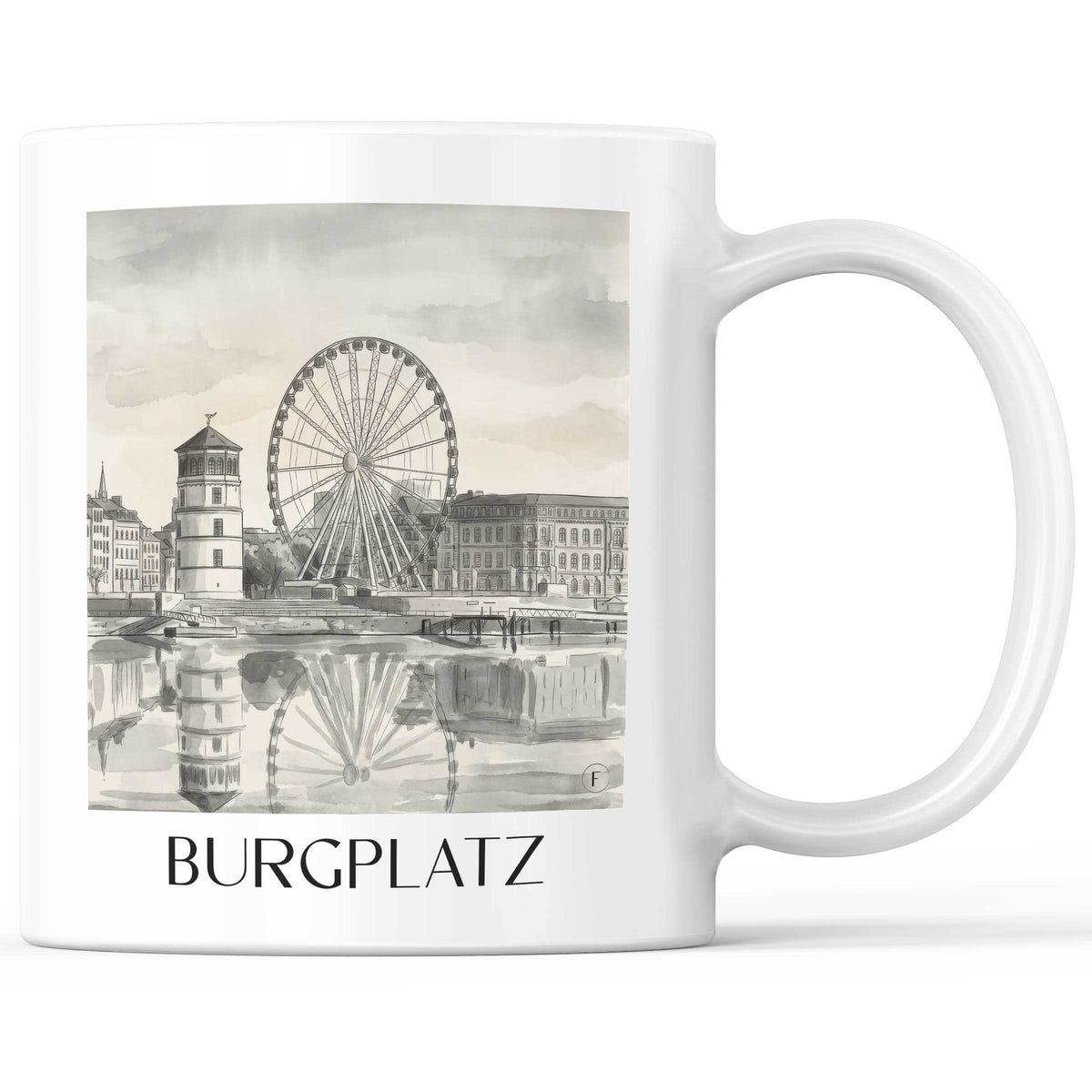 Burgplatz Kaffeebecher - Düsseldorf - Deutschland Becher - Kaffeetasse im Aquarell Schwarz-Weiß Stil - favplace