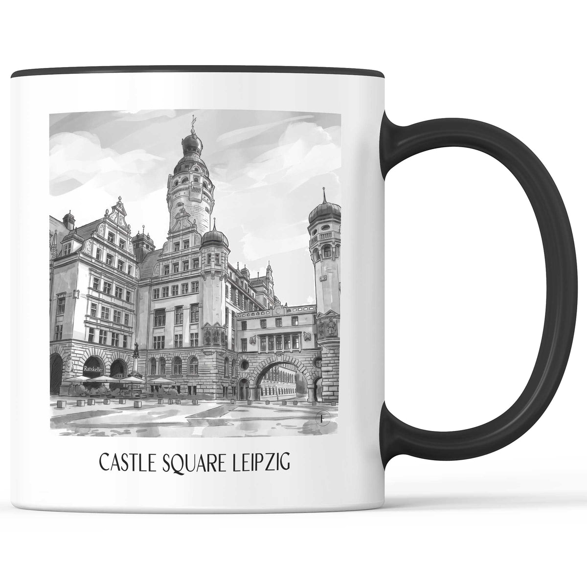Burgplatz Kaffeebecher - Leipzig - Deutschland Becher - Kaffeetasse im Aquarell Schwarz-Weiß Stil - favplace
