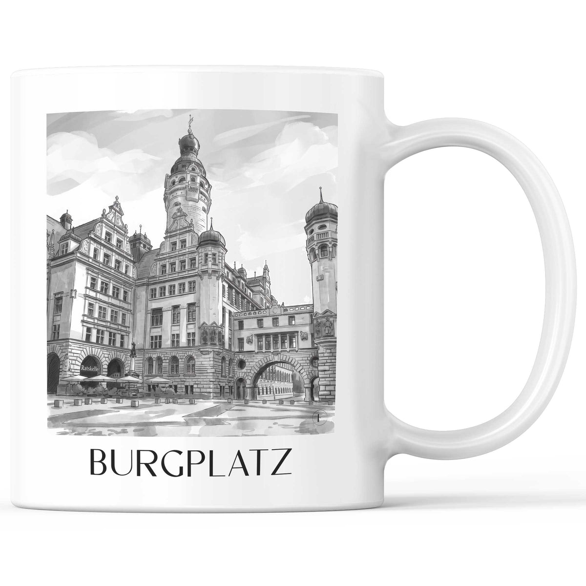 Burgplatz Kaffeebecher - Leipzig - Deutschland Becher - Kaffeetasse im Aquarell Schwarz-Weiß Stil - favplace