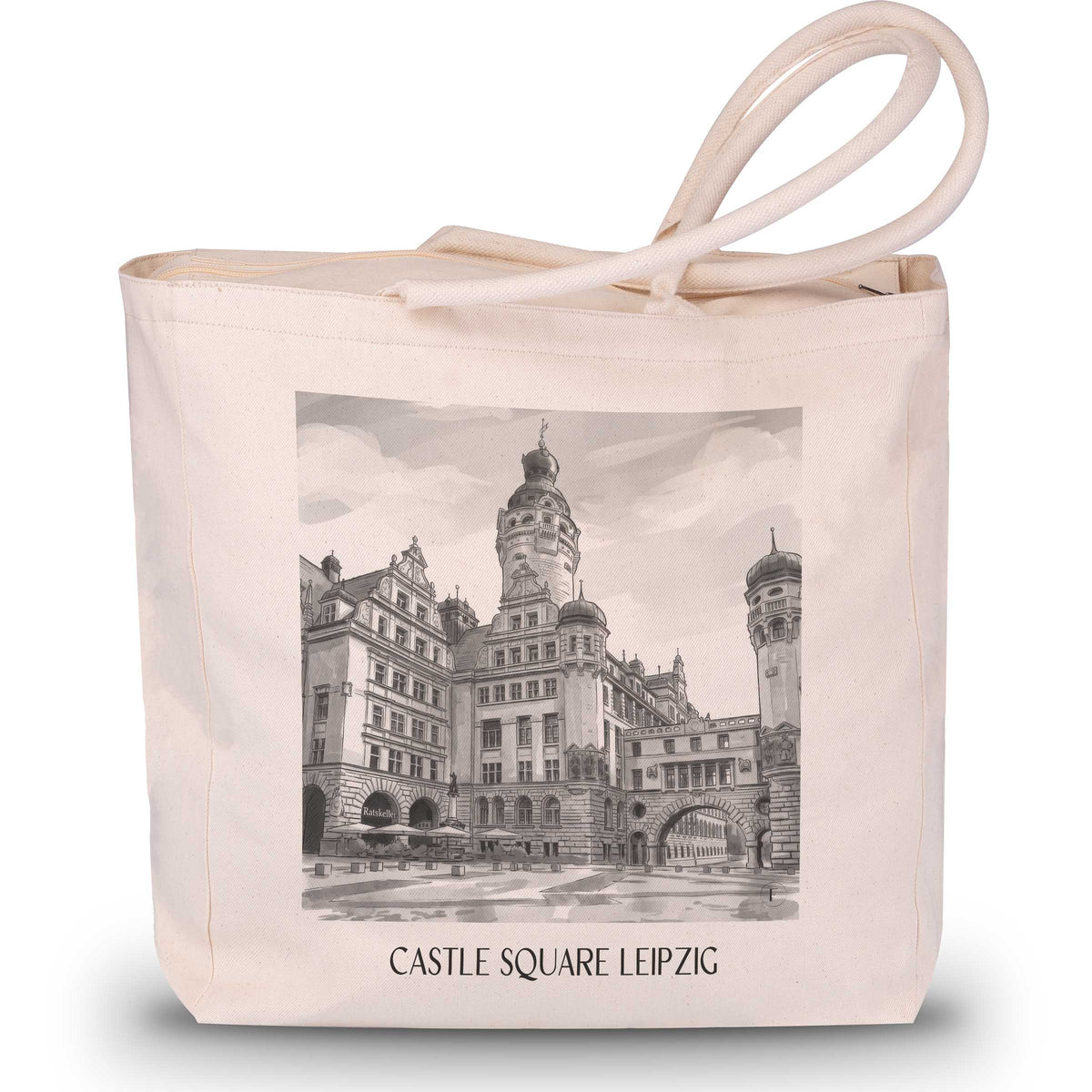 Burgplatz Shopping Tasche - Leipzig - Deutschland Tote Bag - Einkaufstasche im Aquarell Schwarz-Weiß Stil - favplace