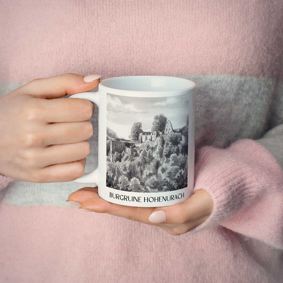 burgruine-hohenurach-schwäbische-alb-deutschland-kaffeebecher-aquarell-schwarz-weiss