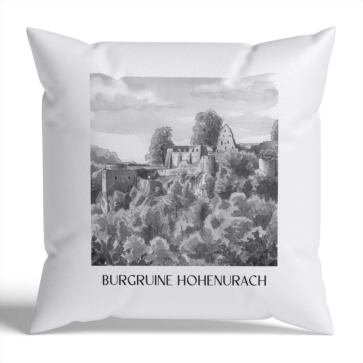 burgruine-hohenurach-schwäbische-alb-deutschland-kissenbezug-aquarell-schwarz-weiss