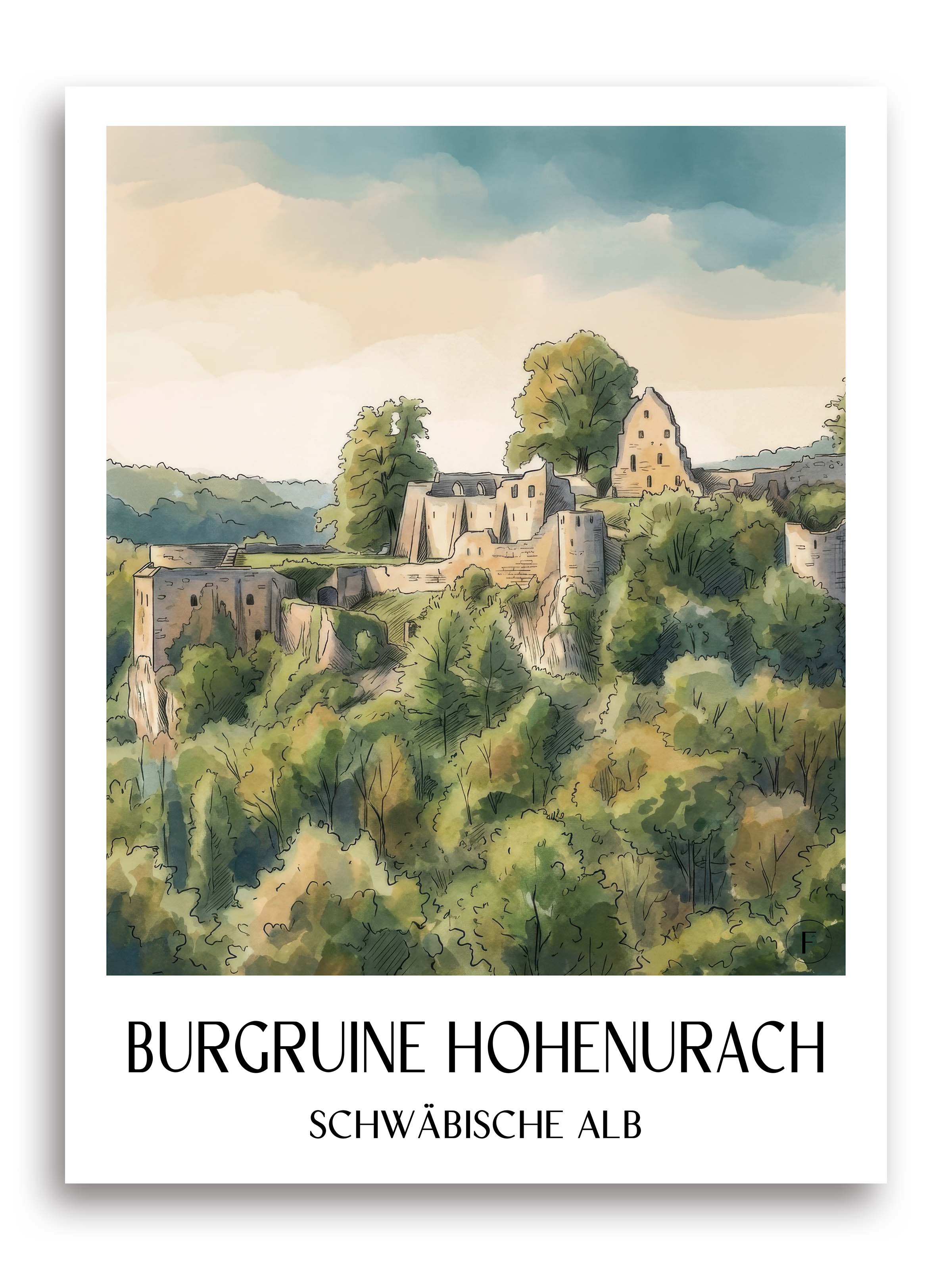 burgruine-hohenurach-schwäbische-alb-deutschland-poster-aquarell