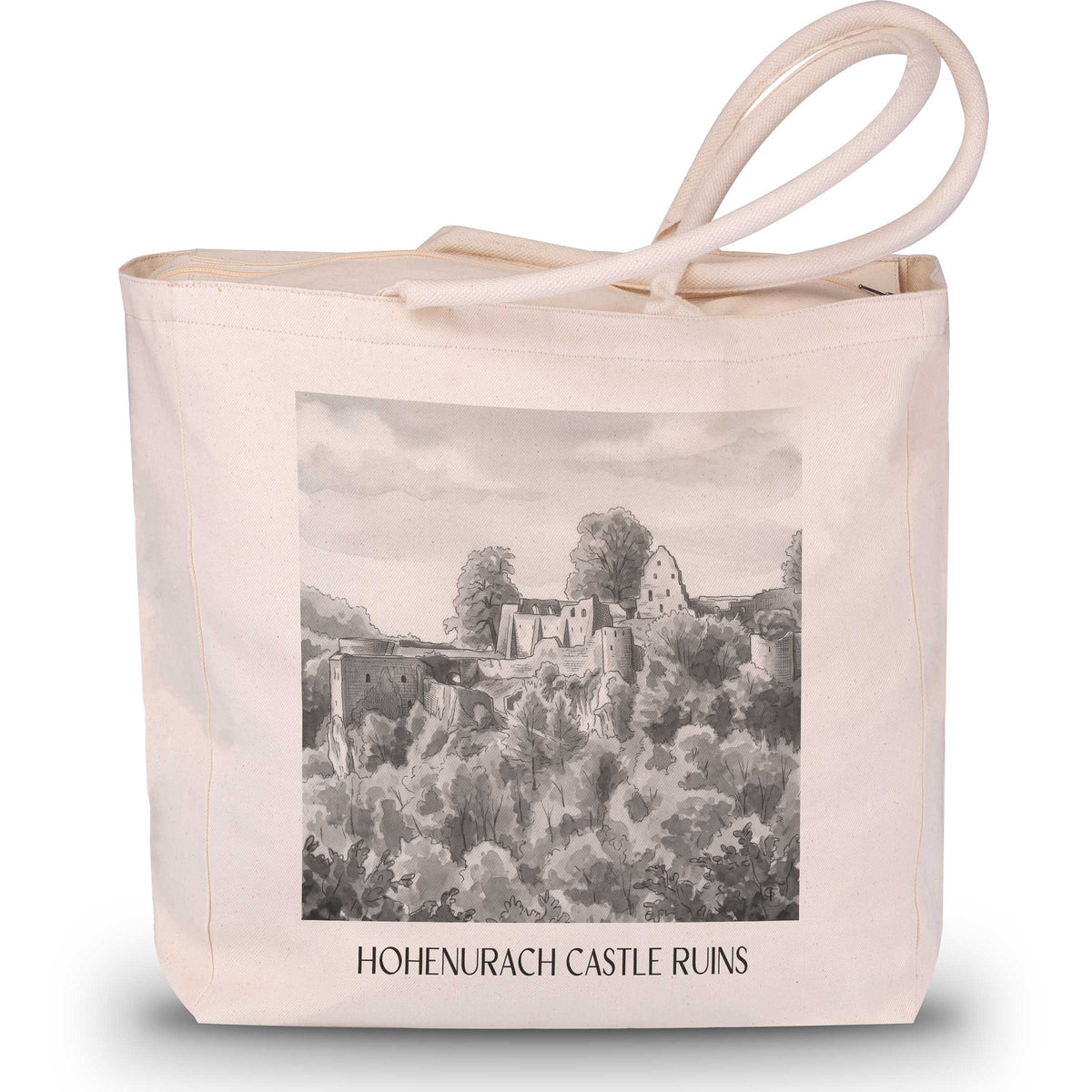 Burgruine Hohenurach Shopping Tasche - Schwäbische Alb - Deutschland Tote Bag - Einkaufstasche im Aquarell Schwarz-Weiß Stil - favplace