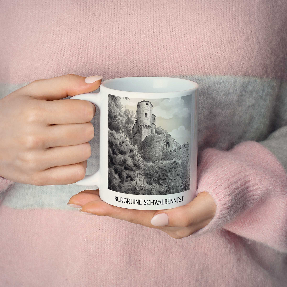 burgruine-schwalbennest-neckarsteinnach-deutschland-kaffeebecher-aquarell-schwarz-weiss
