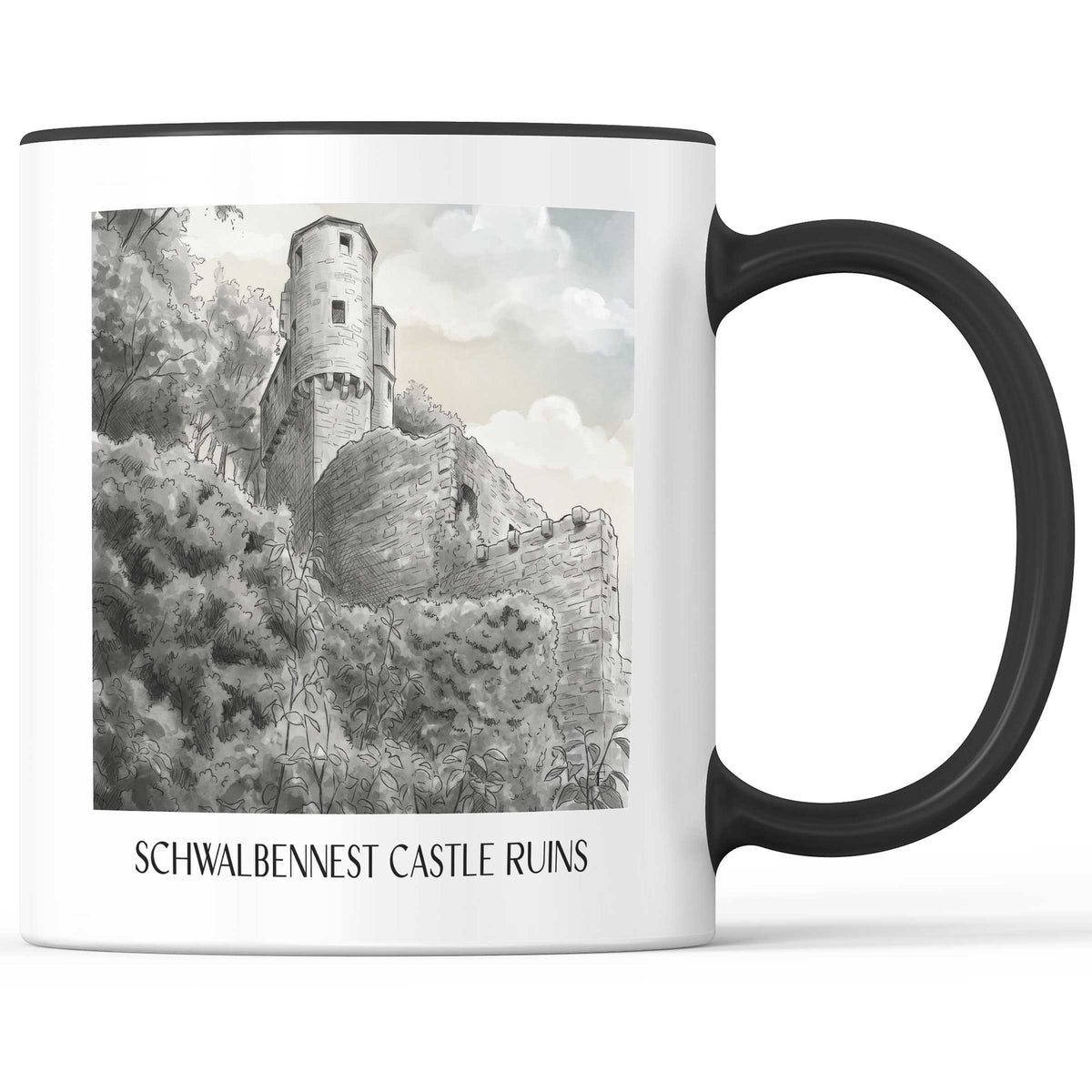 Burgruine Schwalbennest Kaffeebecher - Neckarsteinnach - Deutschland Becher - Kaffeetasse im Aquarell Schwarz-Weiß Stil - favplace