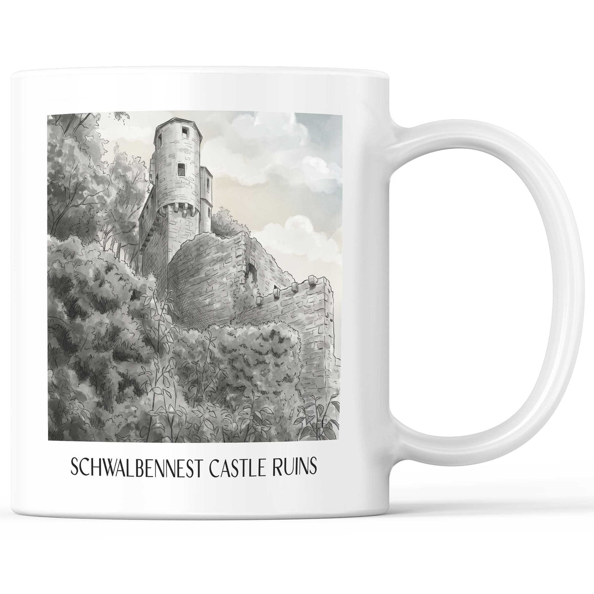 Burgruine Schwalbennest Kaffeebecher - Neckarsteinnach - Deutschland Becher - Kaffeetasse im Aquarell Schwarz-Weiß Stil - favplace