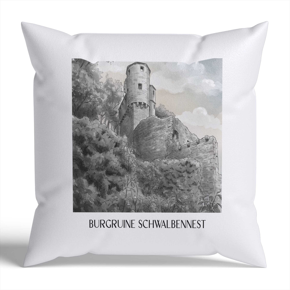 burgruine-schwalbennest-neckarsteinnach-deutschland-kissenbezug-aquarell-schwarz-weiss